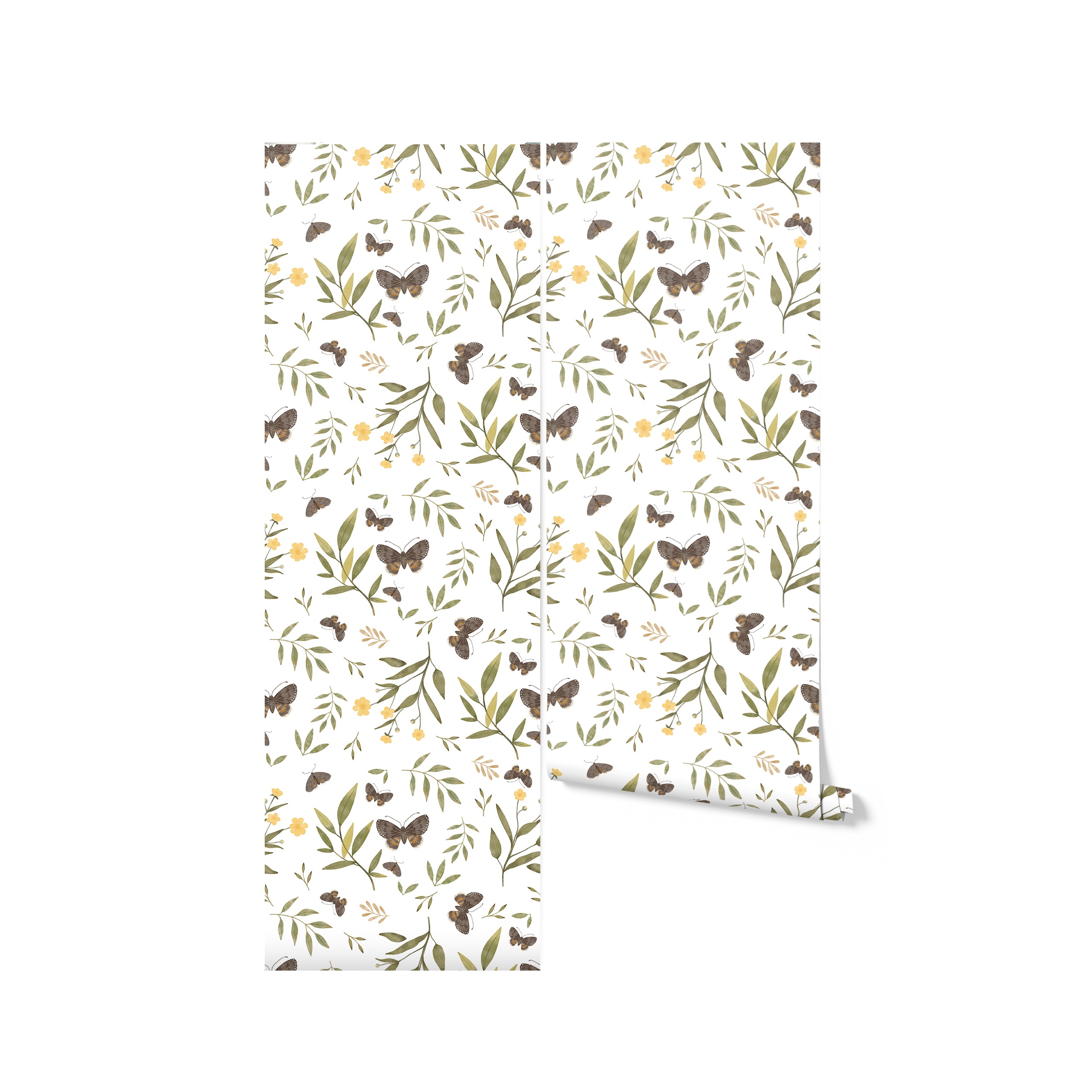 Rolled view of Forest Moth Wallpaper, displaying an intricate pattern of moths, green foliage, and small yellow flowers on a white background. This wallpaper is perfect for bringing a touch of nature’s tranquility to any interior space.