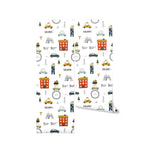 A roll of Cute Cars Wallpaper 04 showcasing a creative and fun pattern of cartoon vehicles and animal drivers, interspersed with elements like traffic cones, trees, and parking signs, ideal for decorating a child's bedroom or play area