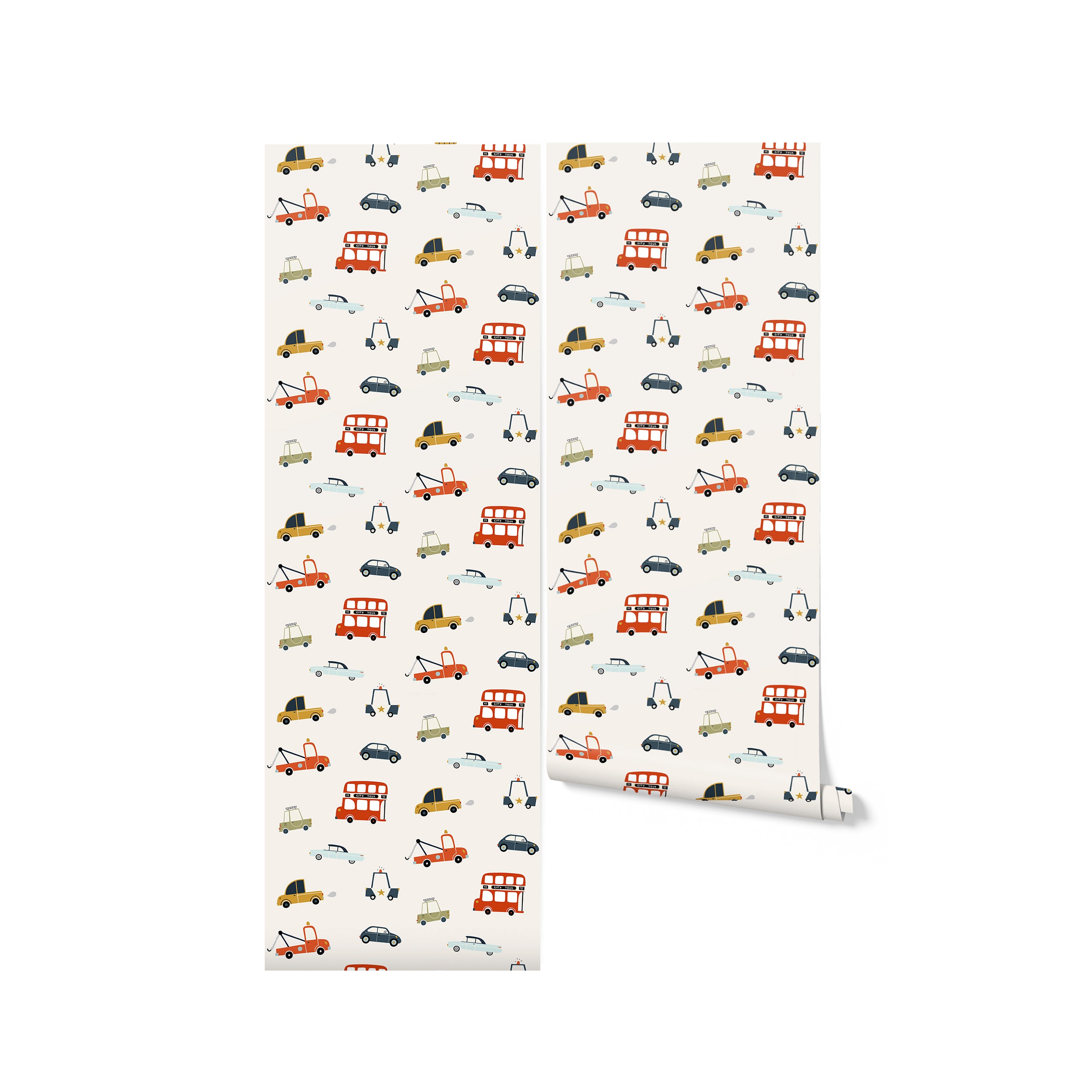 Rolls of Cute Trucks and Cars Wallpaper displaying a charming assortment of cartoon-style vehicles on a light ecru background. This wallpaper is perfect for adding a touch of fun and nostalgia to any child's bedroom or play area, with its cute and colorful vehicle designs.