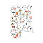 Rolls of Busy Town Wallpaper showing an intricate town map with winding roads, colorful vehicles, and urban landmarks. The wallpaper is designed with playful illustrations suitable for children’s rooms, encouraging imaginative play and exploration