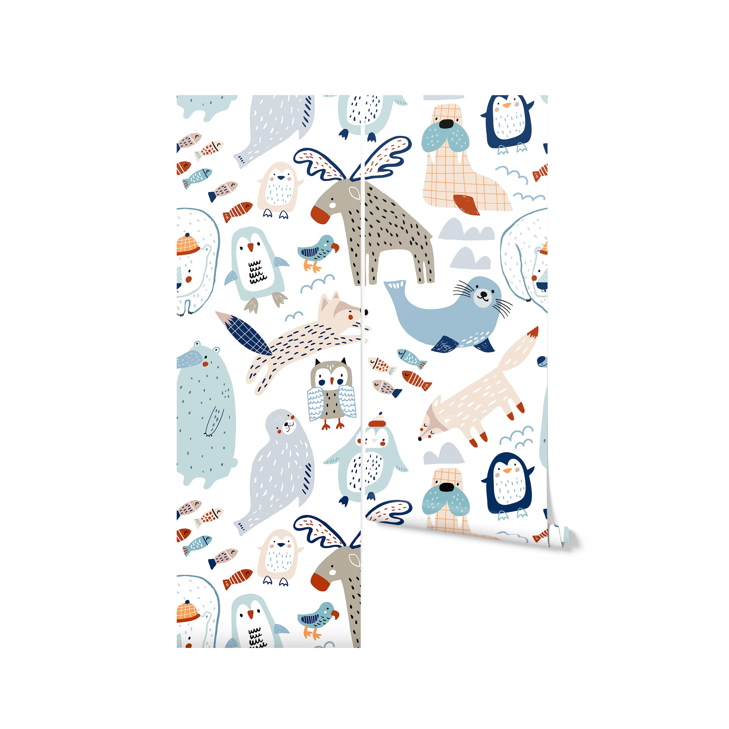 A close-up view of a roll of "Nordic Moose Wallpaper" showcasing a colorful and whimsical pattern of various Nordic animals like winged moose, owls, seals, and foxes in playful poses on a light background.