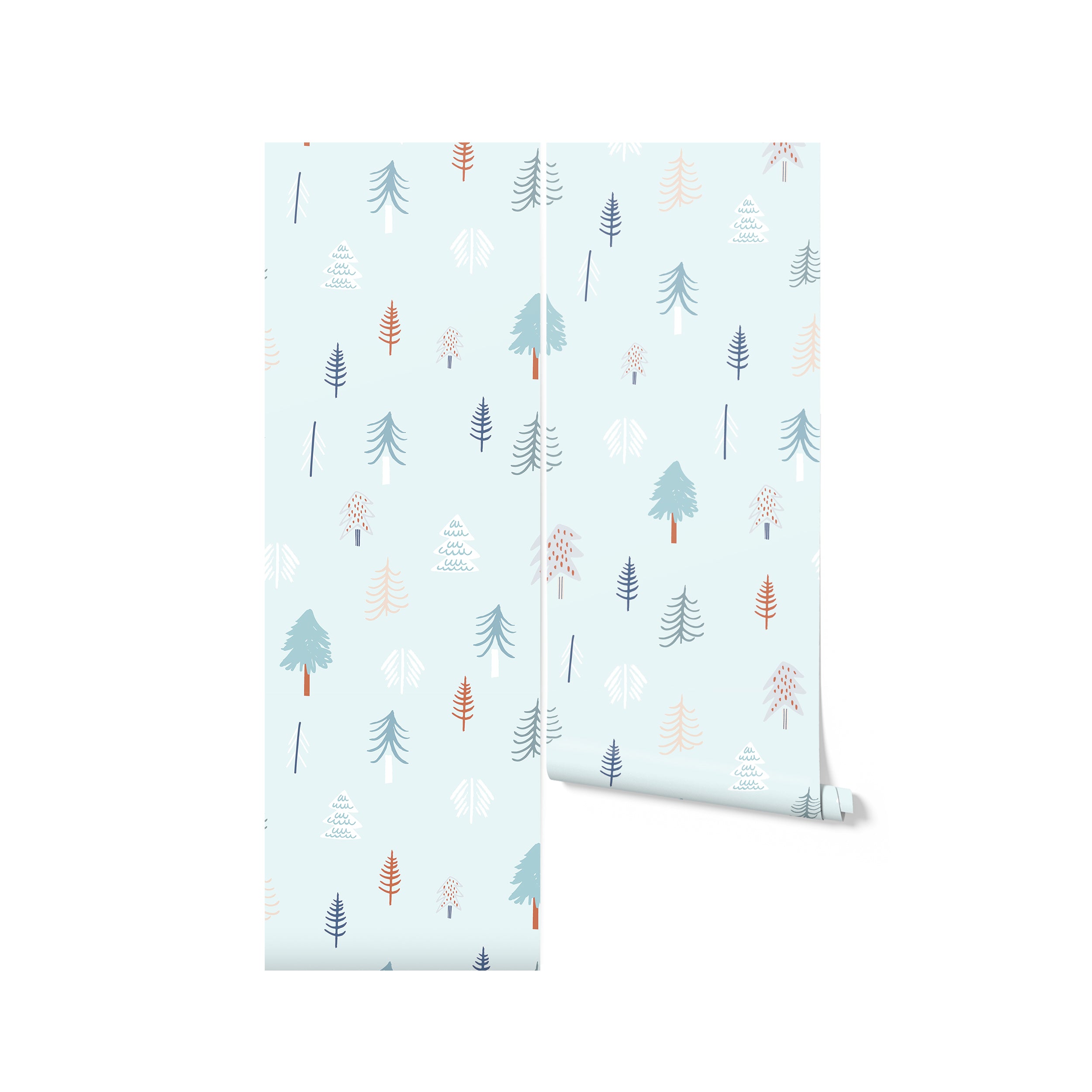 A roll of "Nordic Tree Wallpaper" showcasing a delightful pattern of stylized trees in soft colors like orange and blue, set against a light blue background. The whimsical tree designs vary in shape and size, perfect for adding a serene natural touch to any room.
