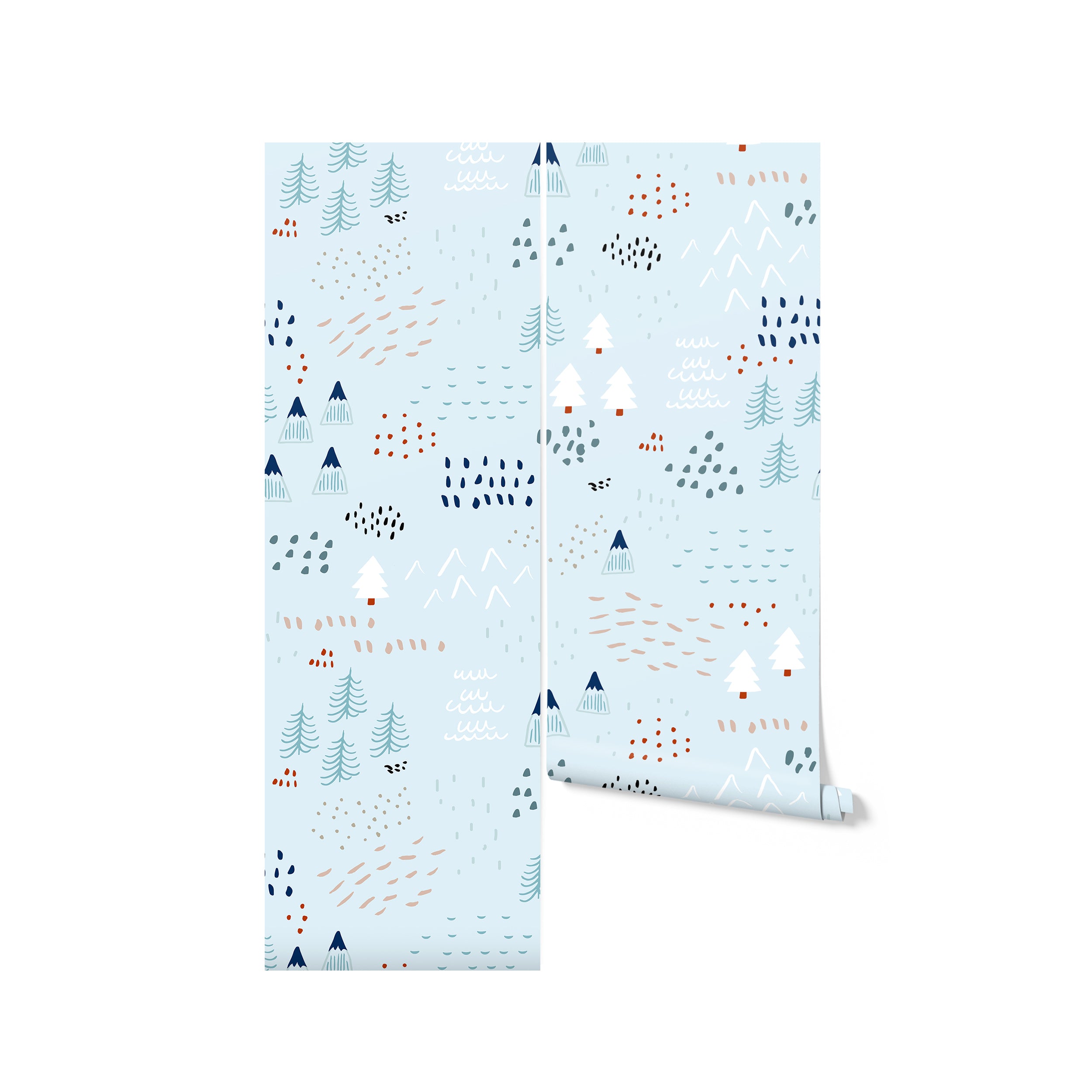 A roll of "Nordic Adventure Wallpaper" showcasing a playful and abstract pattern of trees, mountains, and scattered elements in cool tones of blue, white, and touches of orange. This design is perfect for adding a sense of outdoor adventure to any child's room or play area.