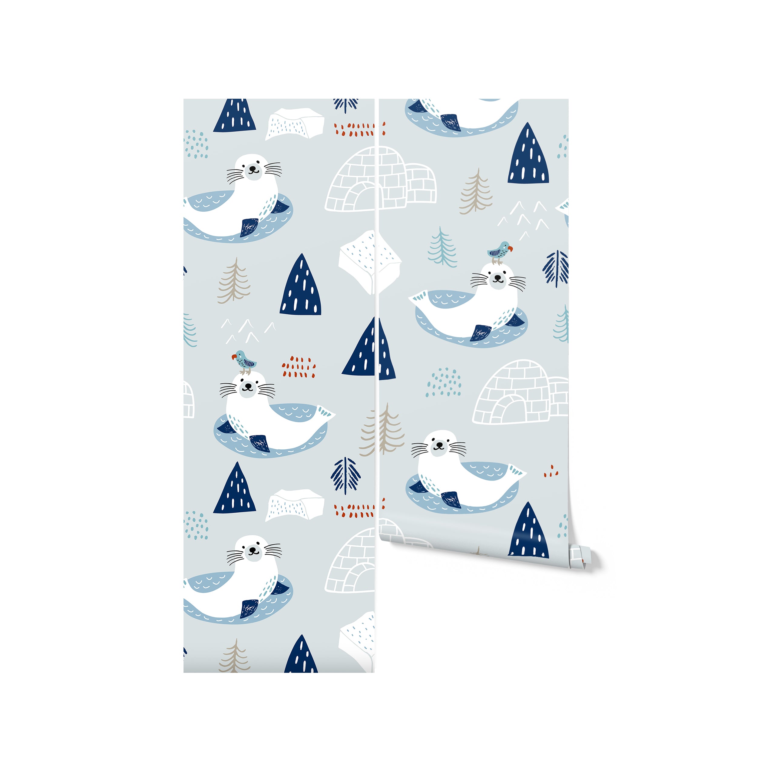 A roll of "Nordic Seal Wallpaper" displaying a delightful scene of seals on ice floats amidst a whimsical Arctic landscape of igloos, trees, and mountains. The seals, trees, and igloos are illustrated in shades of blue and white, creating a peaceful and imaginative setting for any child's room.