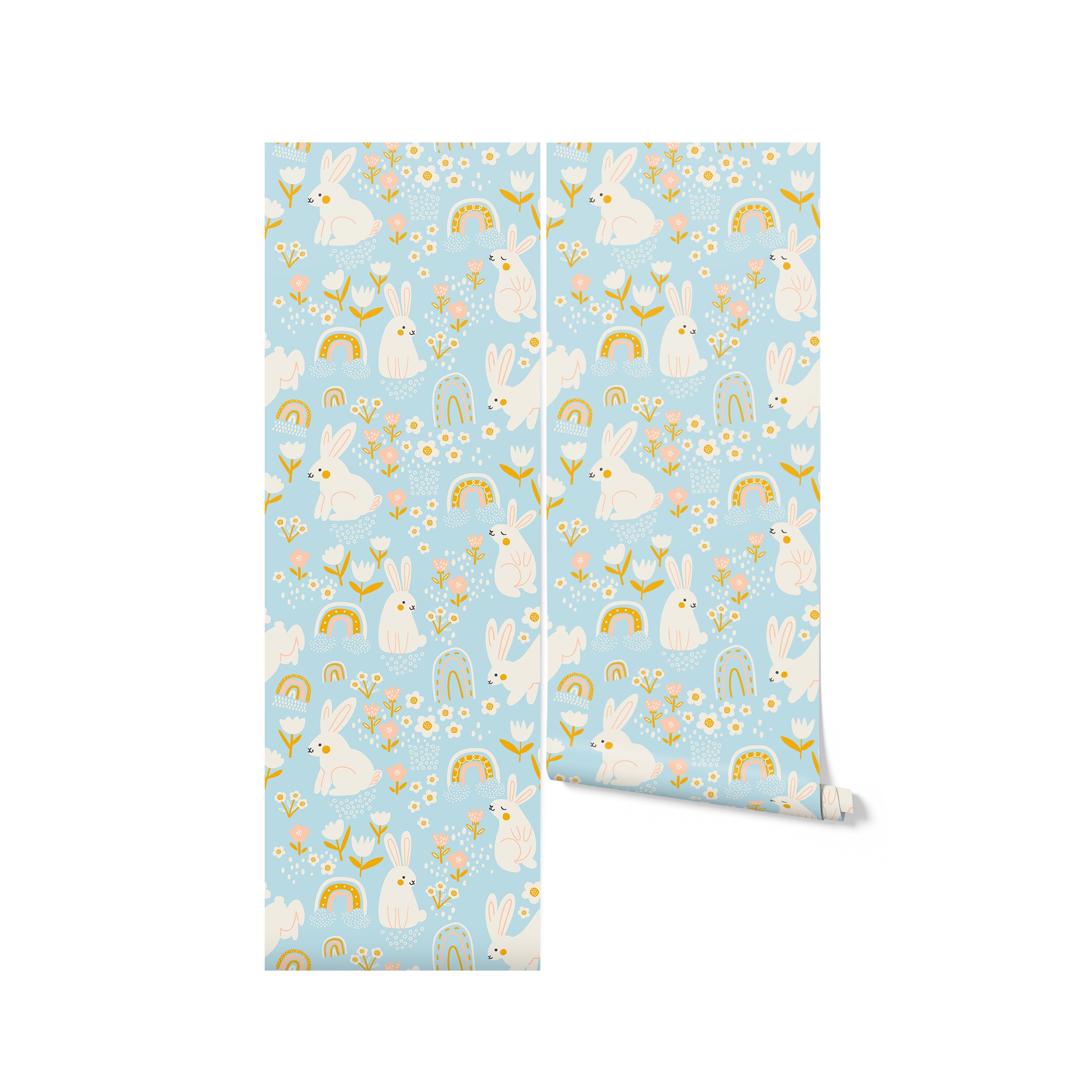 Roll of children’s wallpaper with a delightful design of white rabbits and multicolored rainbows set against a light blue background, perfect for creating a cheerful and inviting nursery space.