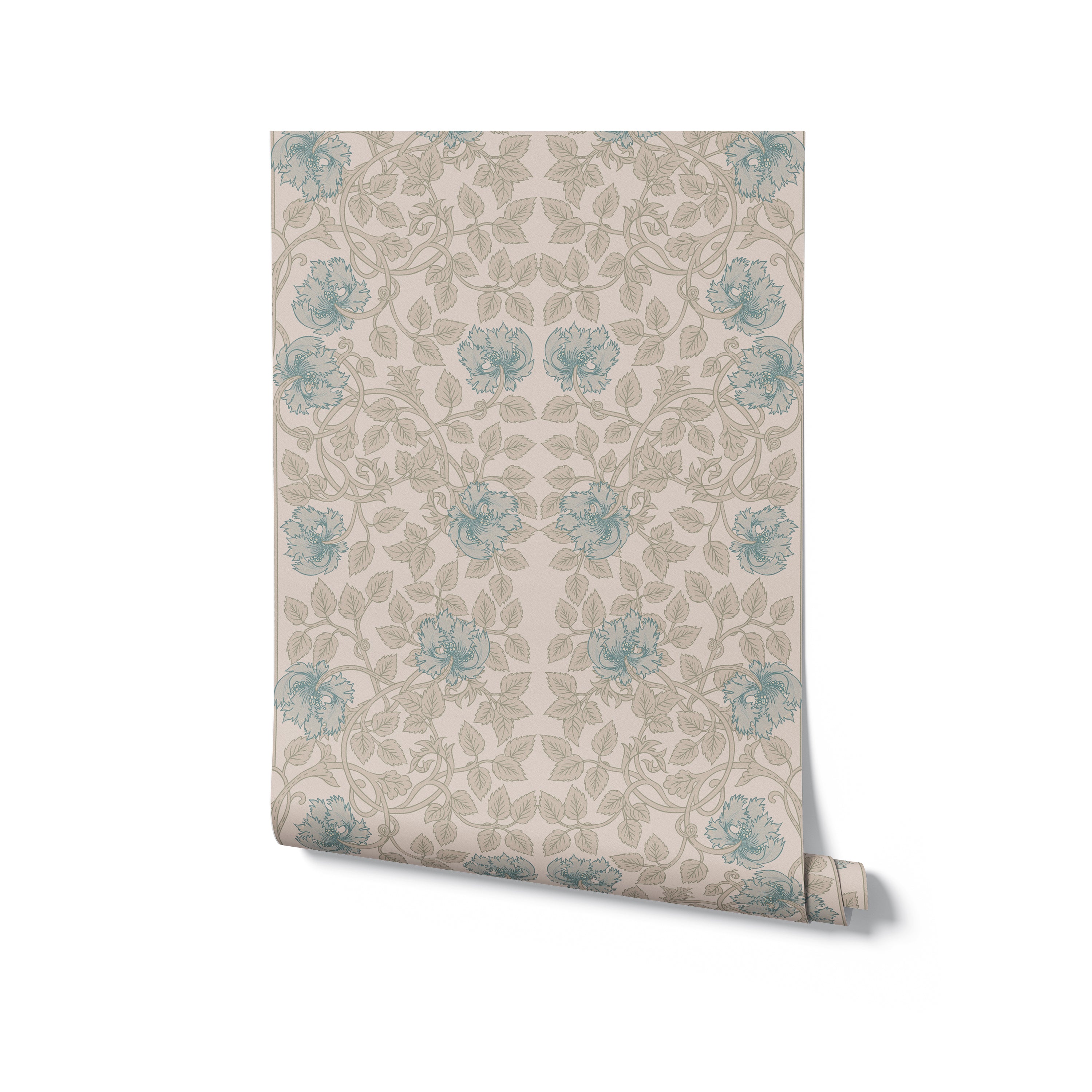 A roll of Color Burn Damask Wallpaper, featuring ornate floral and leaf patterns in teal and beige. The wallpaper roll is depicted standing against a plain background, highlighting the elegance of the design