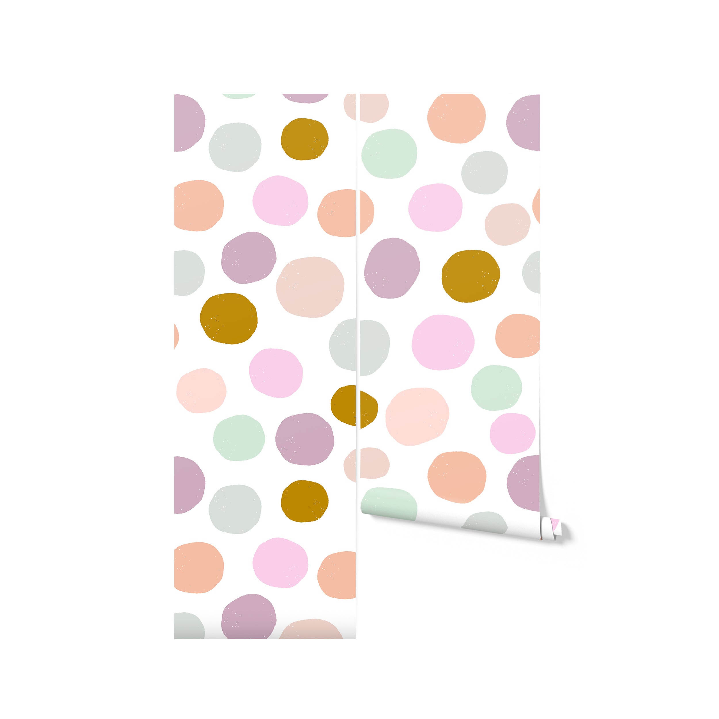 Roll of playful children's wallpaper showcasing a variety of large pastel polka dots on a white background, creating a fun and inviting atmosphere for nurseries or playrooms.