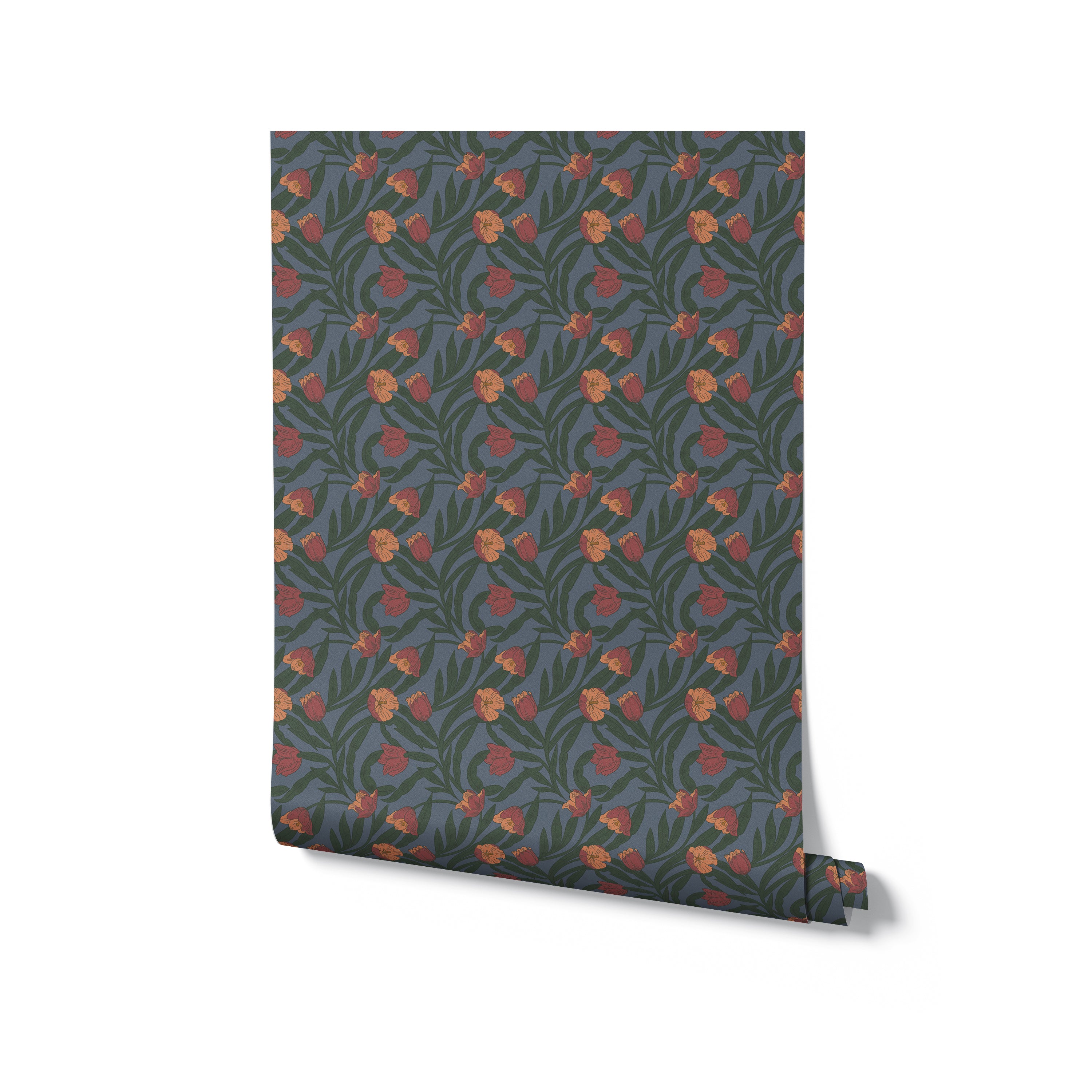 A rolled-up Morris Boho Wallpaper standing against a plain background. The wallpaper showcases a lively floral pattern with orange blooms and green foliage on a dark backdrop, perfect for adding a touch of bohemian elegance to any room.
