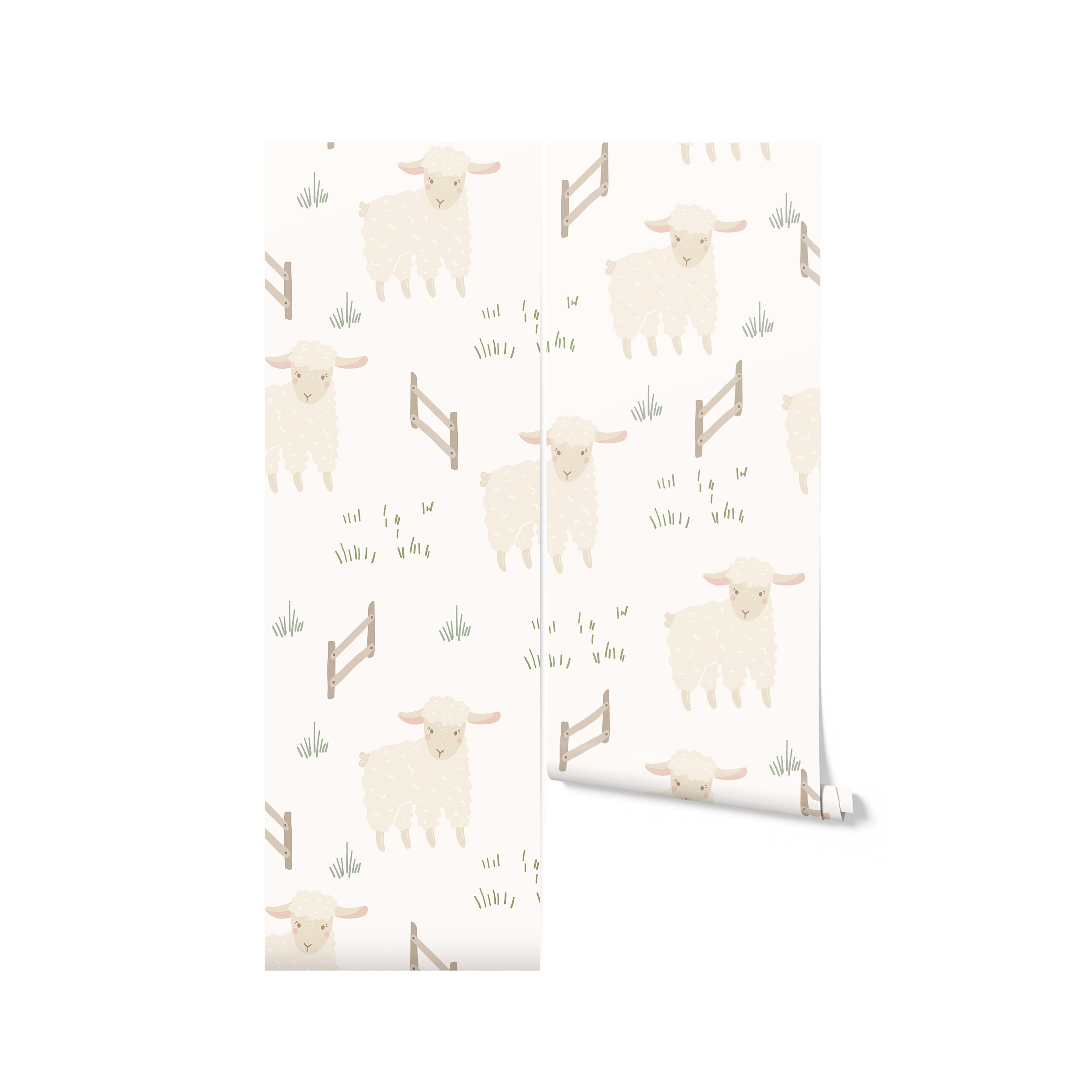 Roll of children's wallpaper with a delightful design of fluffy white sheep and rustic wooden fences on a creamy background, interspersed with small tufts of green grass, perfect for a nursery or young child's bedroom
