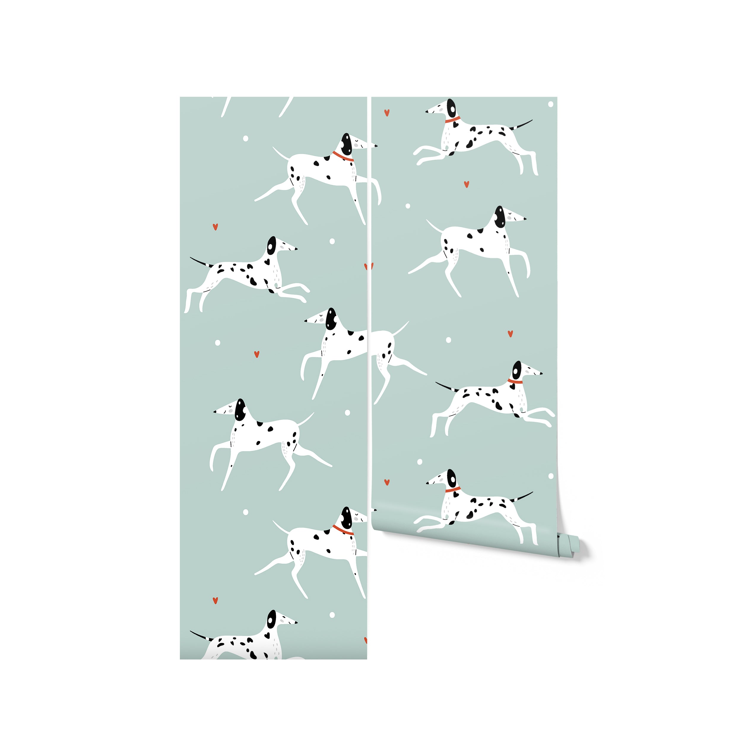 Roll of 'Let's Pawty! Kids Wallpaper' displaying a playful pattern of white Dalmatian dogs with black spots on a mint green background. The design features dogs in mid-run, interspersed with tiny red hearts and dots, perfect for a child's room or nursery