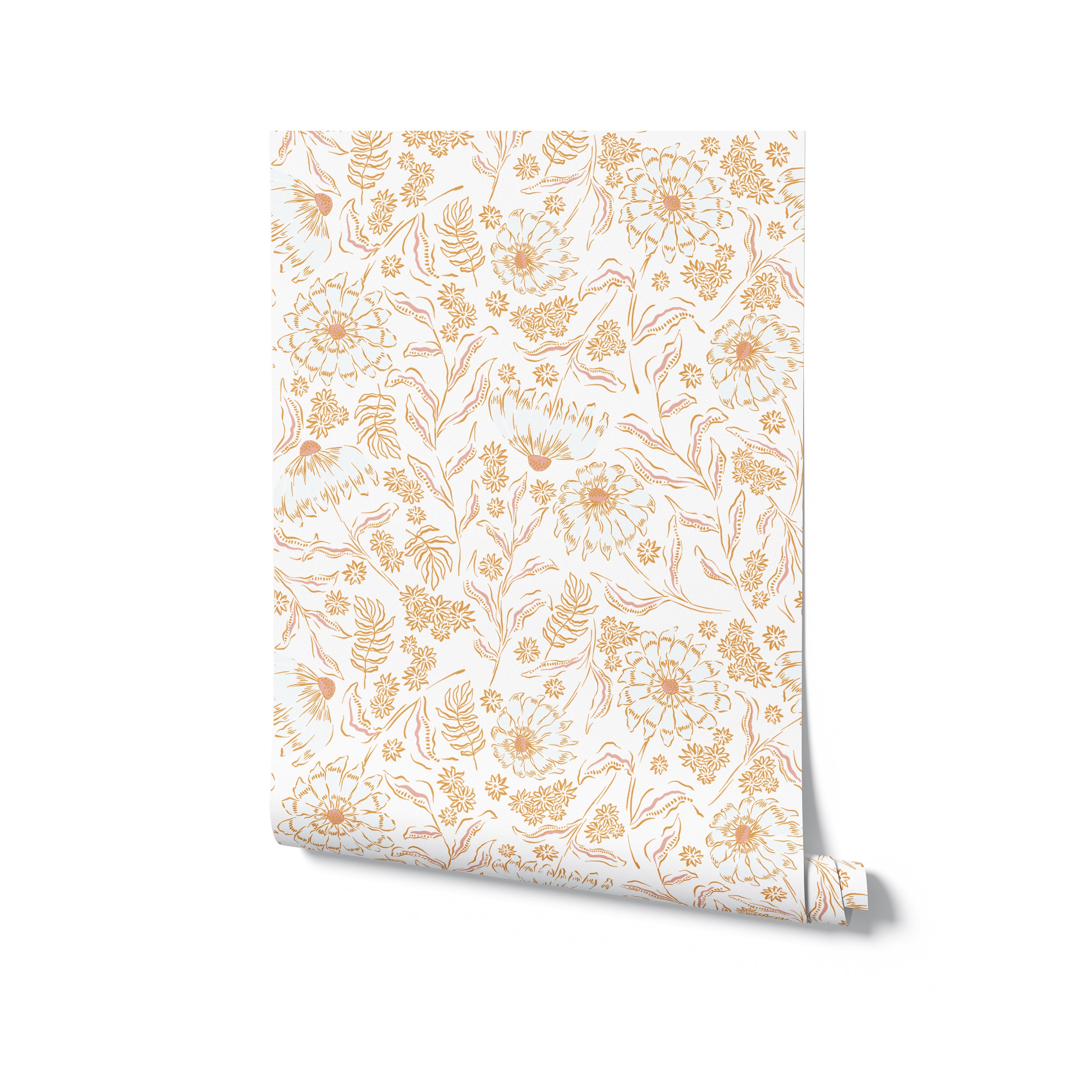 A close-up image of a rolled De Pijp Floral Wallpaper. The wallpaper features intricate golden flowers and botanical designs on a creamy white background, ready to enhance any room with its elegant and timeless floral pattern.