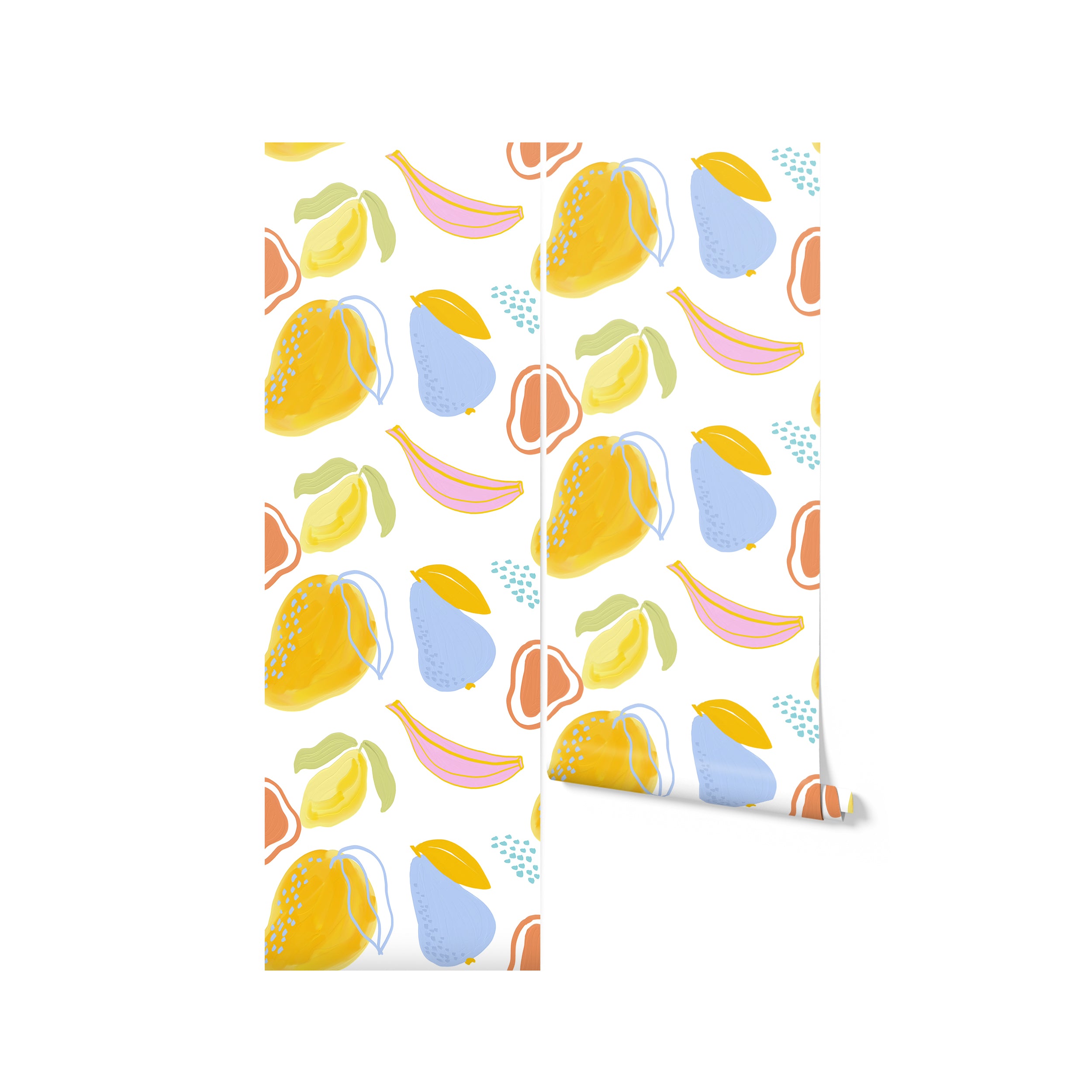 Roll of Colourful Abstract Oil Fruit Wallpaper with abstract fruit designs in pastel colors.