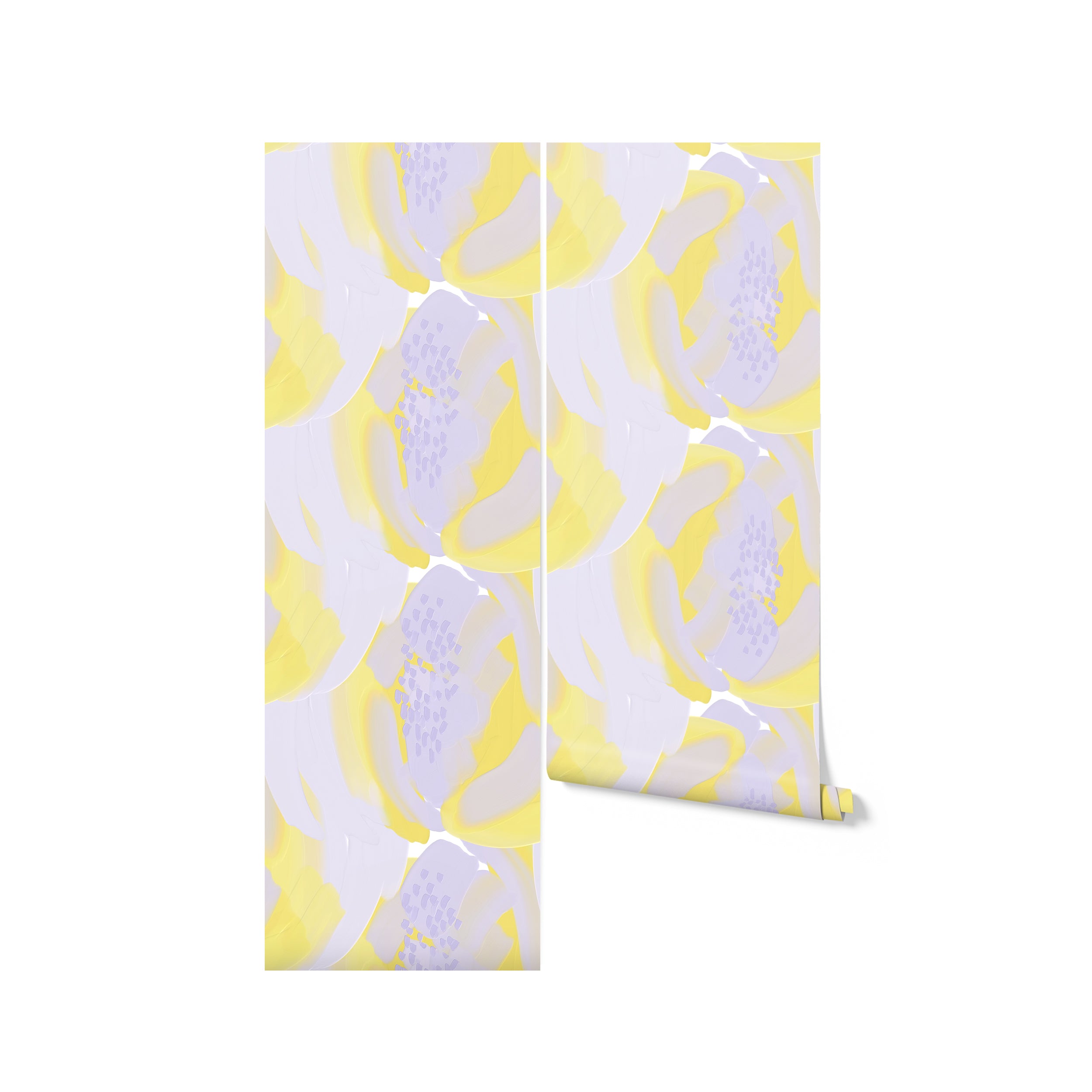 Rolled wallpaper featuring abstract oil paint fruit pattern in yellow and lavender