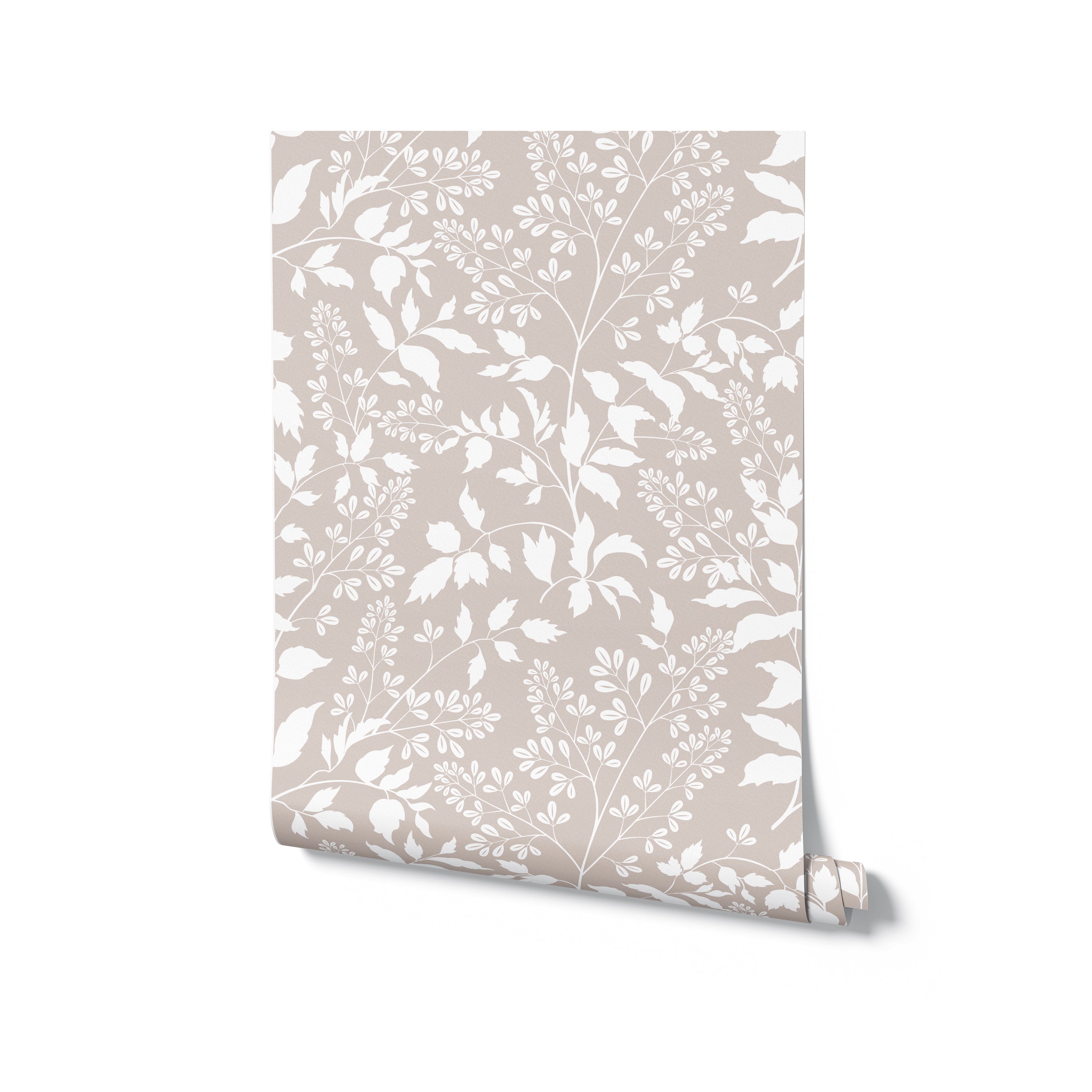 A roll of Pressed Branches Wallpaper displaying its elegant white botanical pattern of leaves and branches on a beige background, ready to enhance any room with its natural charm
