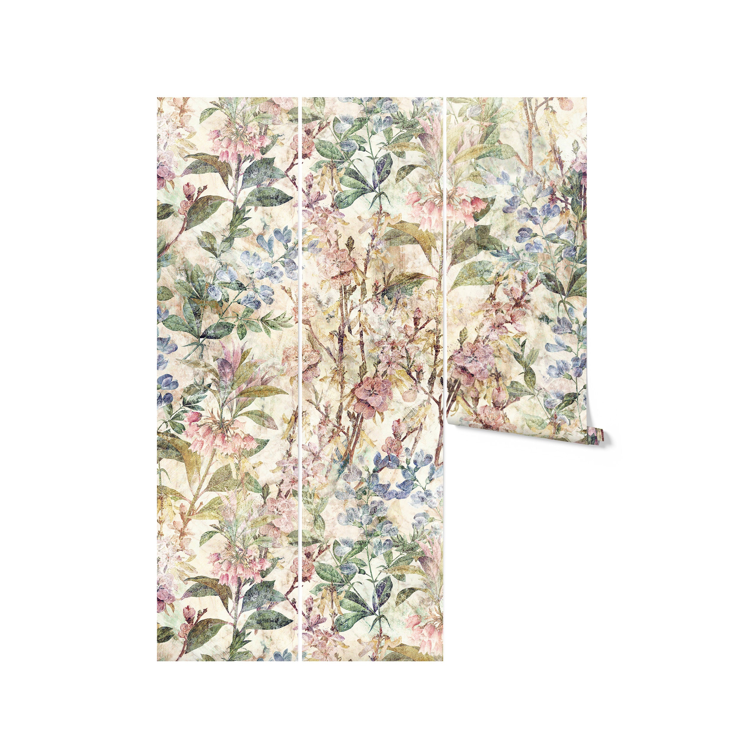 A display of the "Ancient Florals Wallpaper," featuring multiple rolls against a neutral background, highlighting the extensive and detailed design of blooming flowers and foliage in muted pastel tones, ideal for creating a striking visual impact in any room.