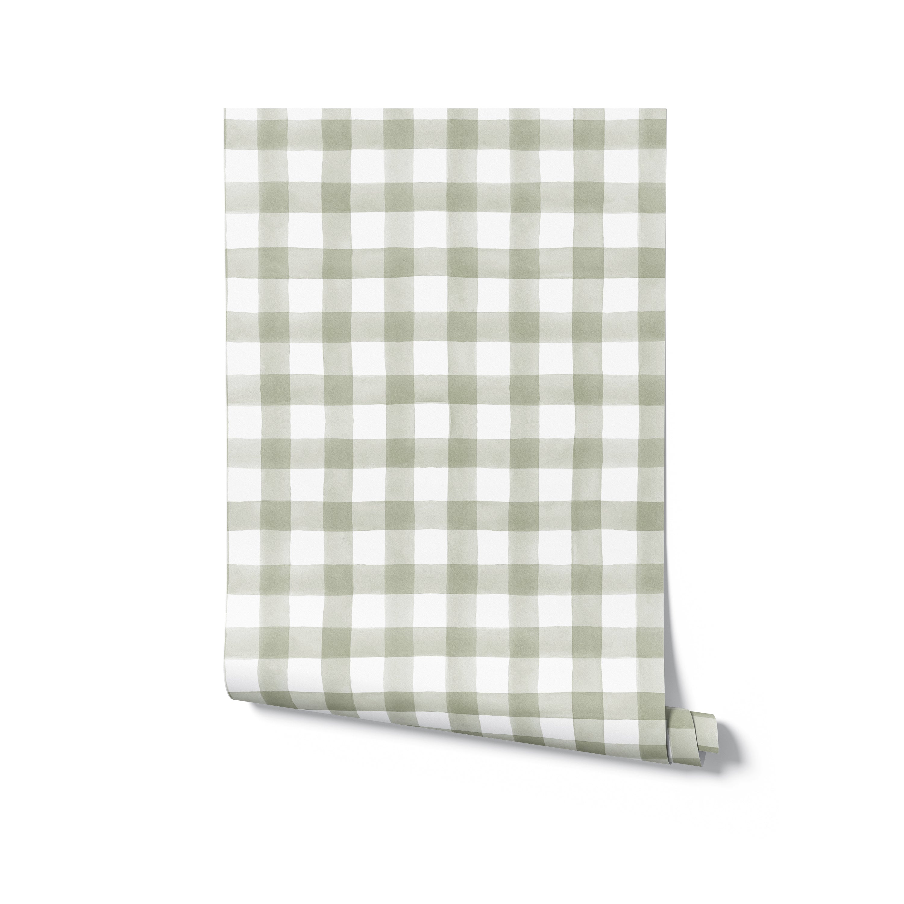 A close-up view of a rolled-up piece of sage green and white buffalo check wallpaper. The soft green hues paired with the clean white checks offer a serene and refreshing look, ideal for spaces seeking a touch of color and tranquility.