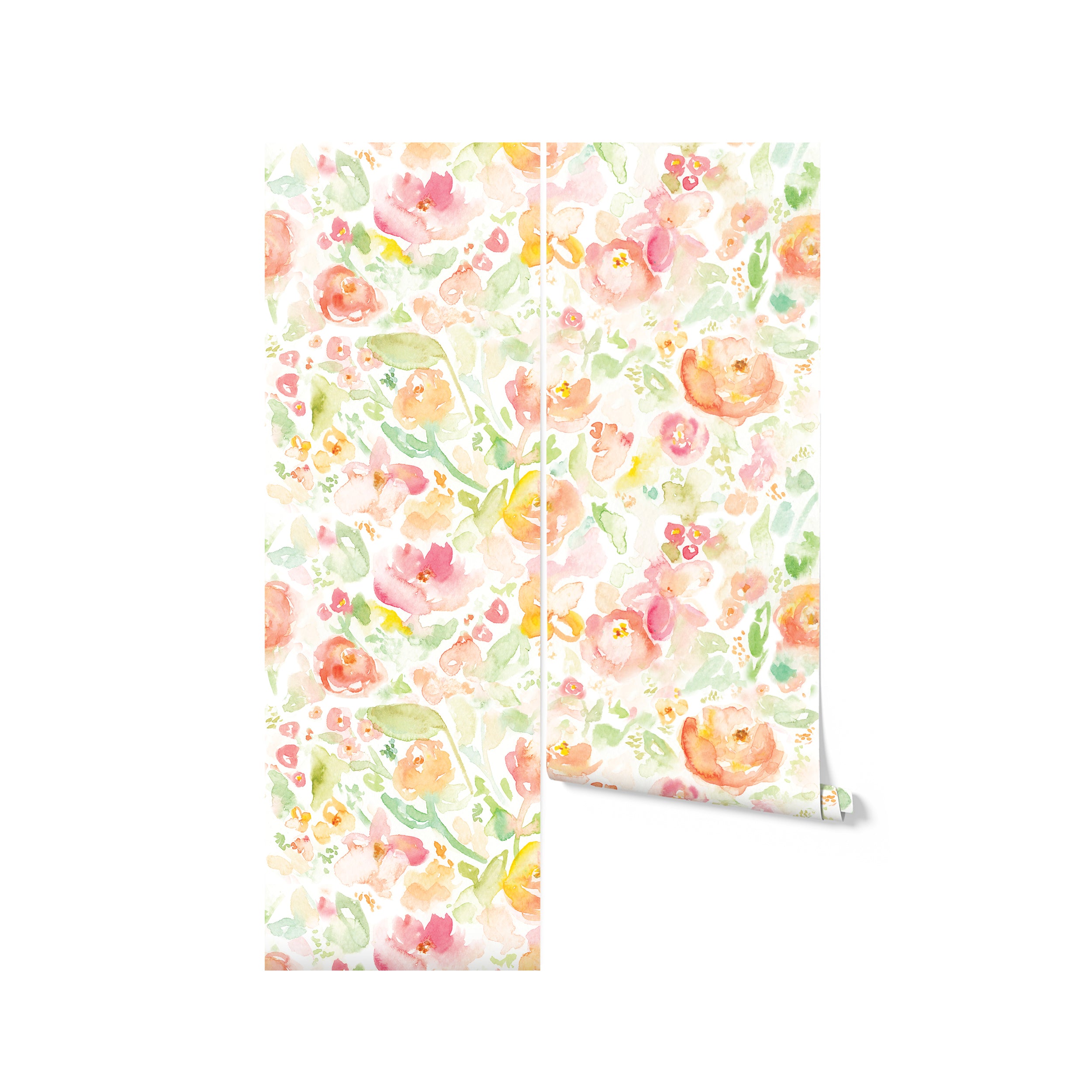 A roll of Bright and Colorful Floral Wallpaper, partially unrolled to reveal its detailed and vibrant design of assorted flowers and foliage. The wallpaper features a dense pattern of blossoms in soft watercolor tones, perfect for adding a burst of color and natural beauty to any interior space