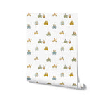 A roll of Road Trip Wallpaper showing a delightful pattern of animals in various vehicles like cars and convertibles, with subtle details like small roads and clouds, perfect for adding a touch of whimsy and joy to any child’s space.