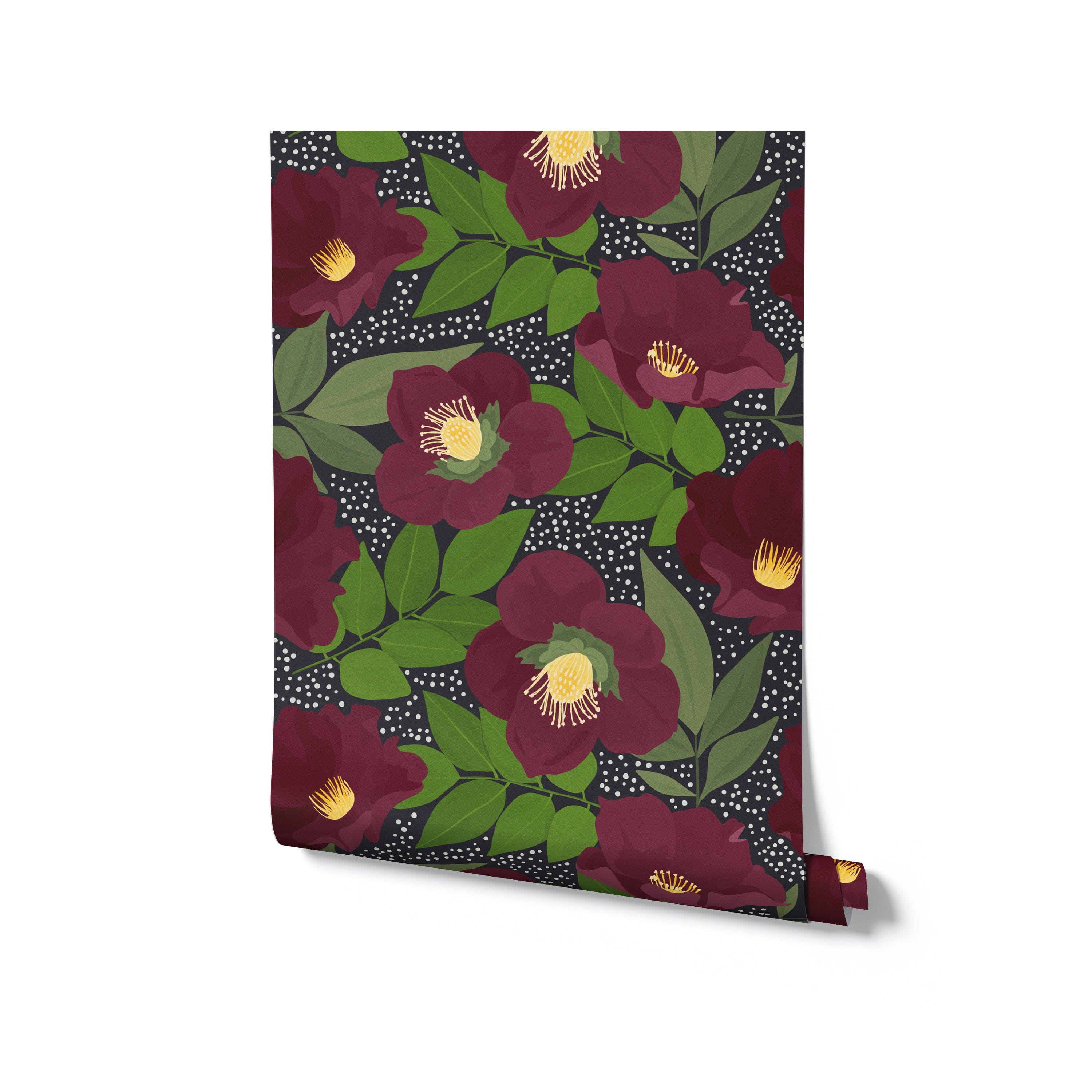 A rolled sample of the Merlot Floral Wallpaper displaying large, dark red flowers with lush green leaves on a dotted background, emphasizing the wallpaper's vibrant design and rich colors, suitable for a striking interior statement.