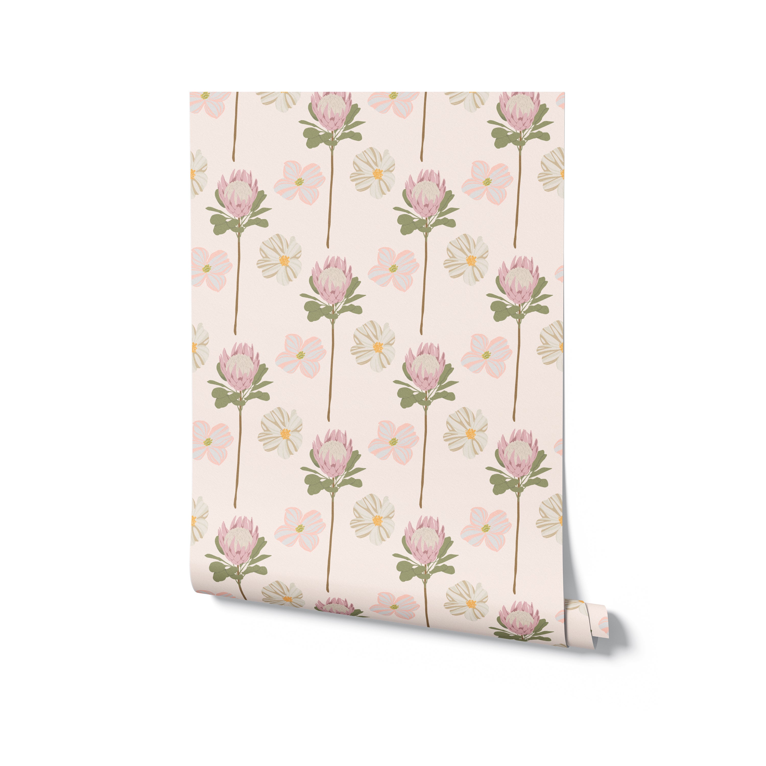 Roll of 'Retro Pastel Flower Wallpaper' illustrating a delicate and graceful floral design with pink clover flowers and subtle pastel daisies on a light background, ideal for softening and enhancing the aesthetics of any living space