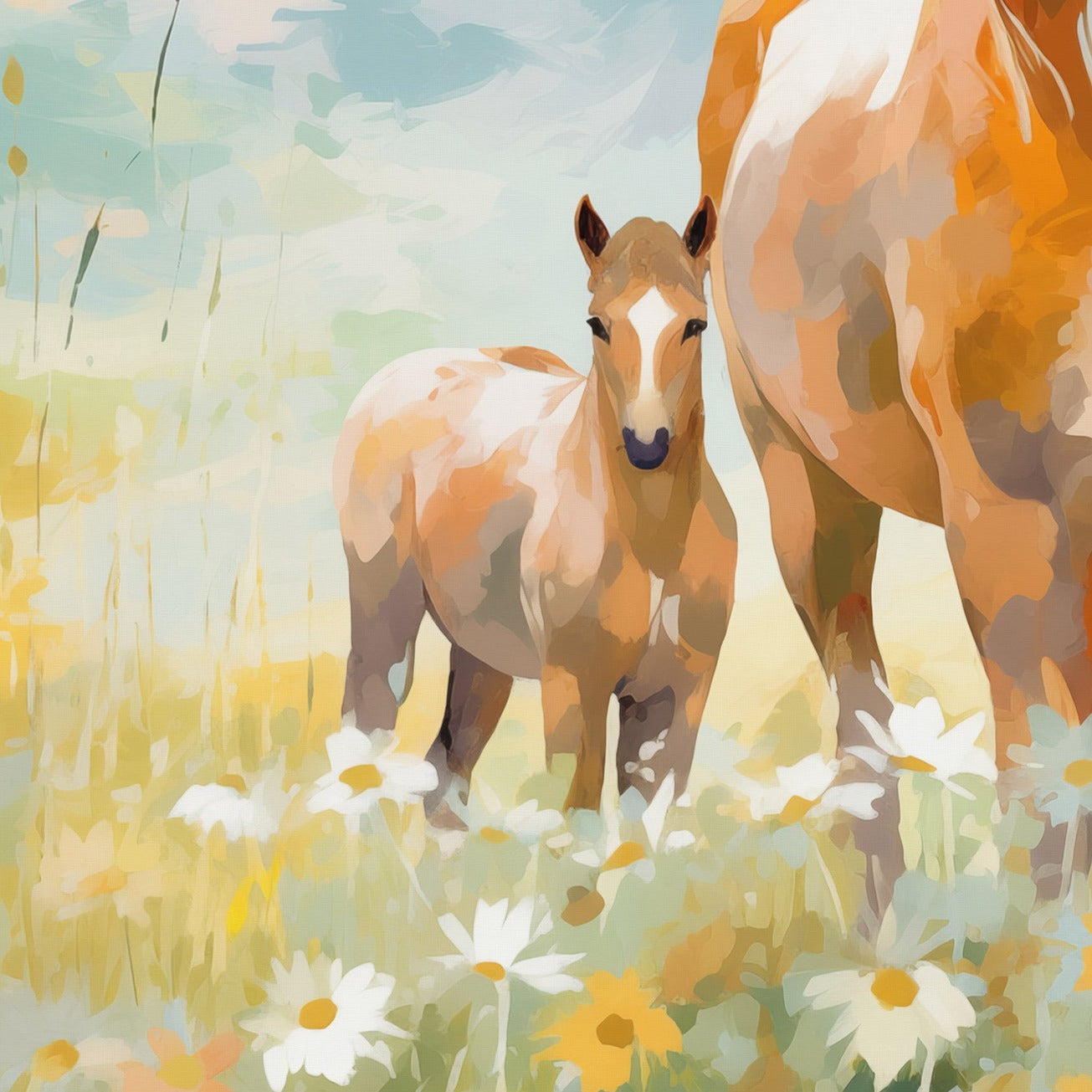 A serene digital painting of a palomino horse with its foal standing in a lush meadow filled with white daisies and orange wildflowers under a partly cloudy sky.