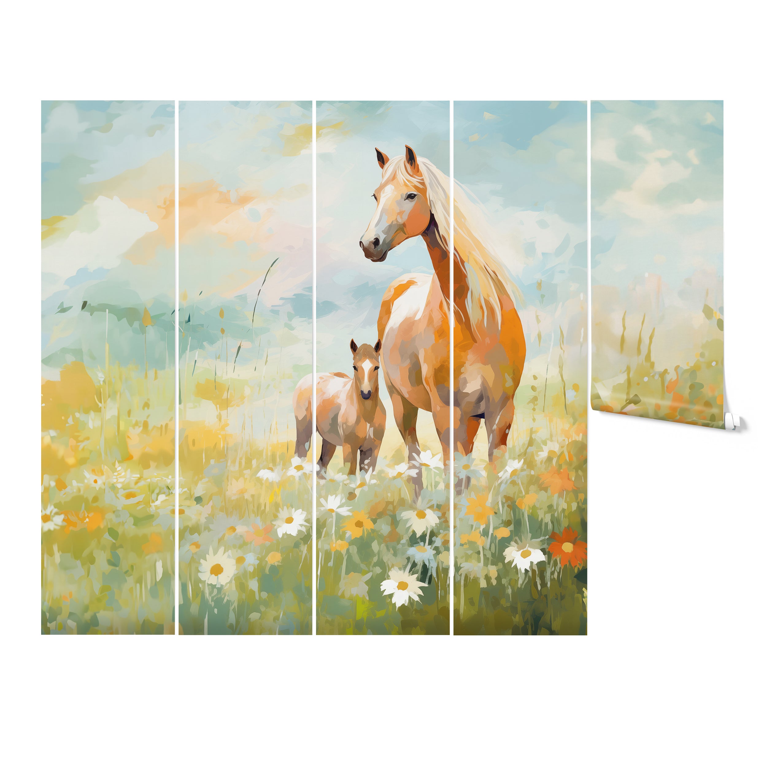 "A decorative five-panel wall art of a mother horse and foal in a colorful meadow, divided into vertical panels, adding a modern artistic touch to the classic scene.