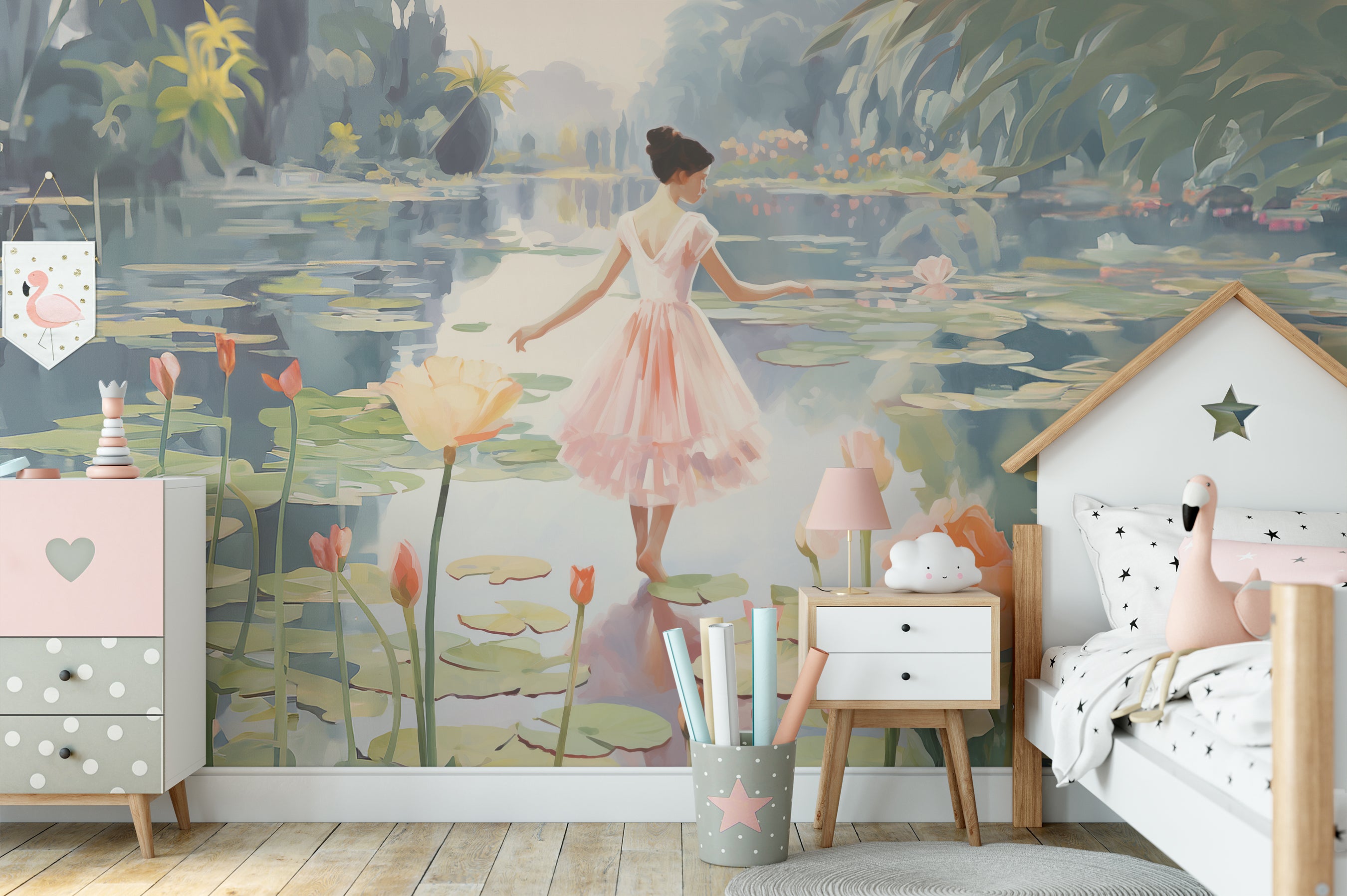 Mockup of a nursery room featuring the Dancing Lily Mural on the wall, with a young girl in a pink dress among flowers, complemented by child-friendly room decor