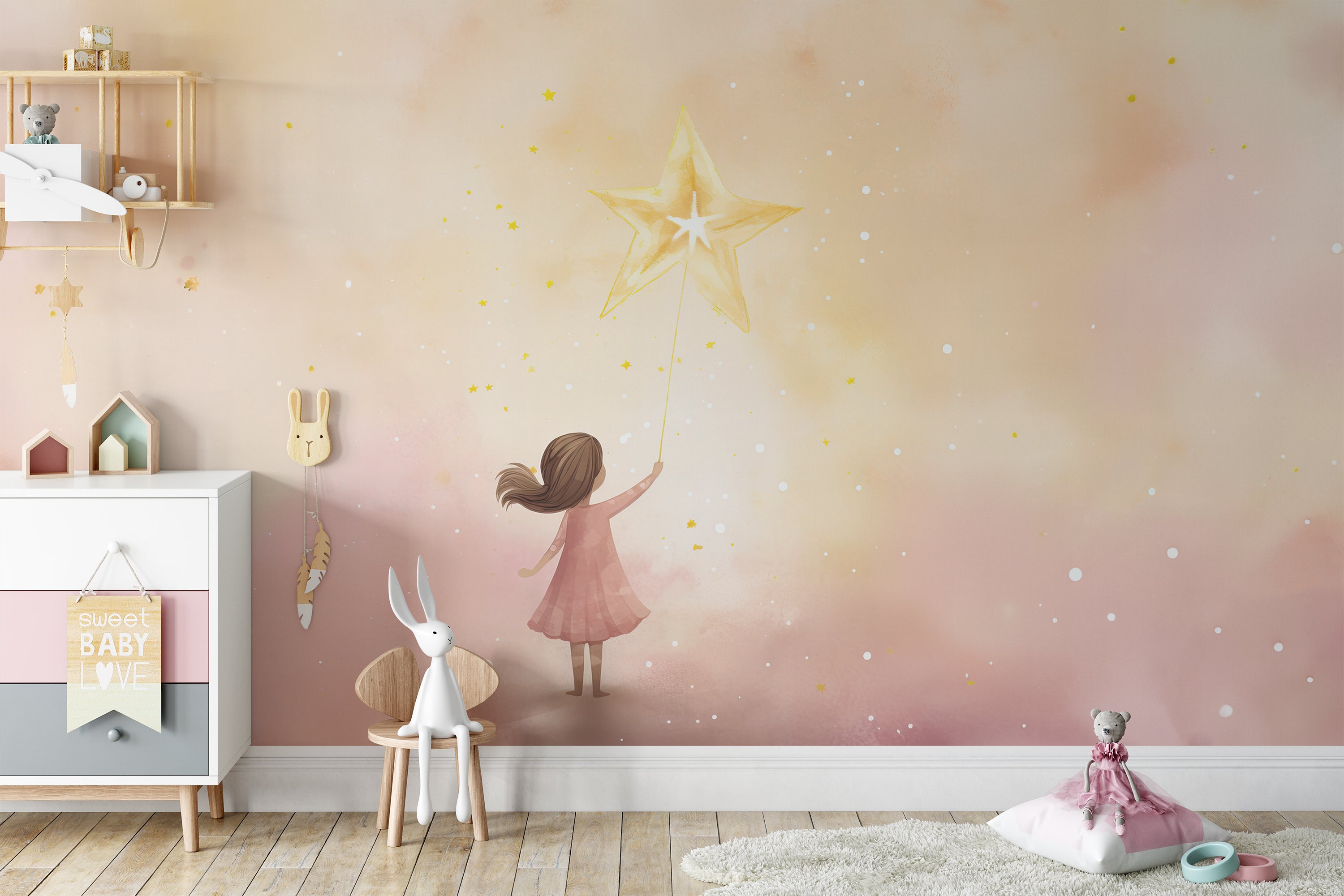 Child reaching for a glowing star in the 'My Guiding Star Mural' on a dreamy pastel background.