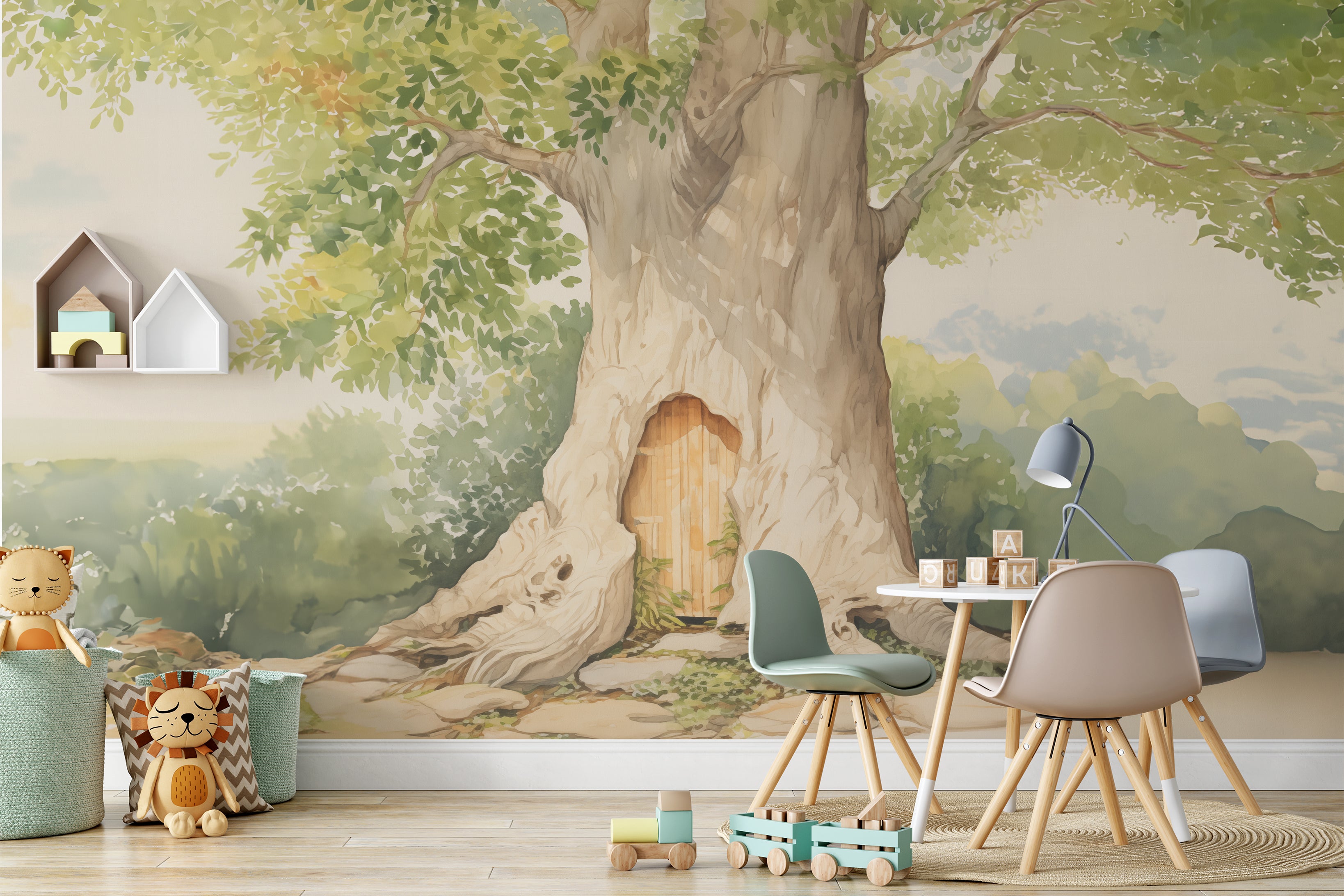 A children's room featuring a large mural of a tree with a door in its trunk, styled as Winnie the Pooh's house, surrounded by toys and children's furniture under a canopy of green leaves.