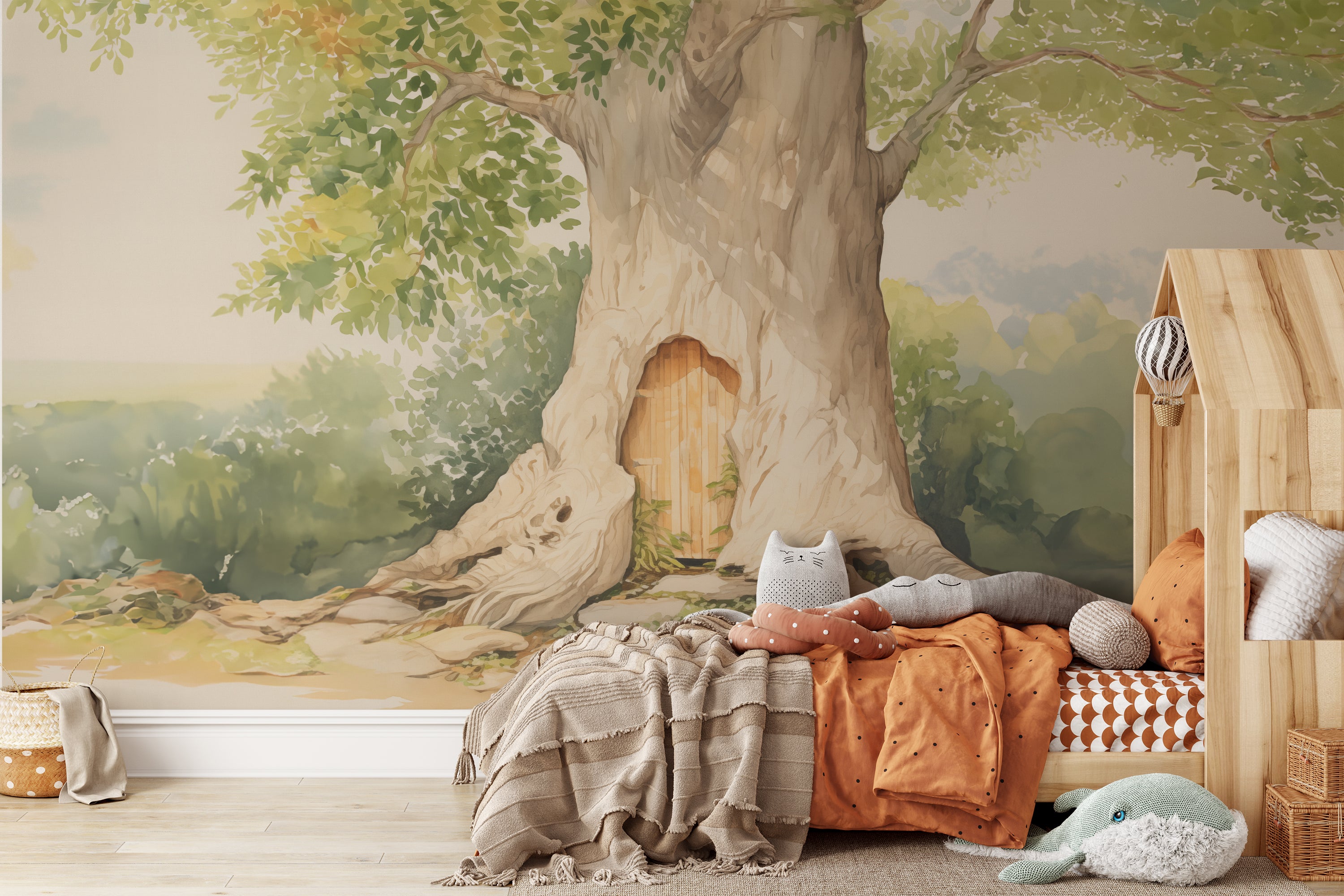 A cozy child's bedroom with a mural depicting Winnie the Pooh's tree house, complete with a warm, inviting door and surrounded by a forest of green leaves and branches."