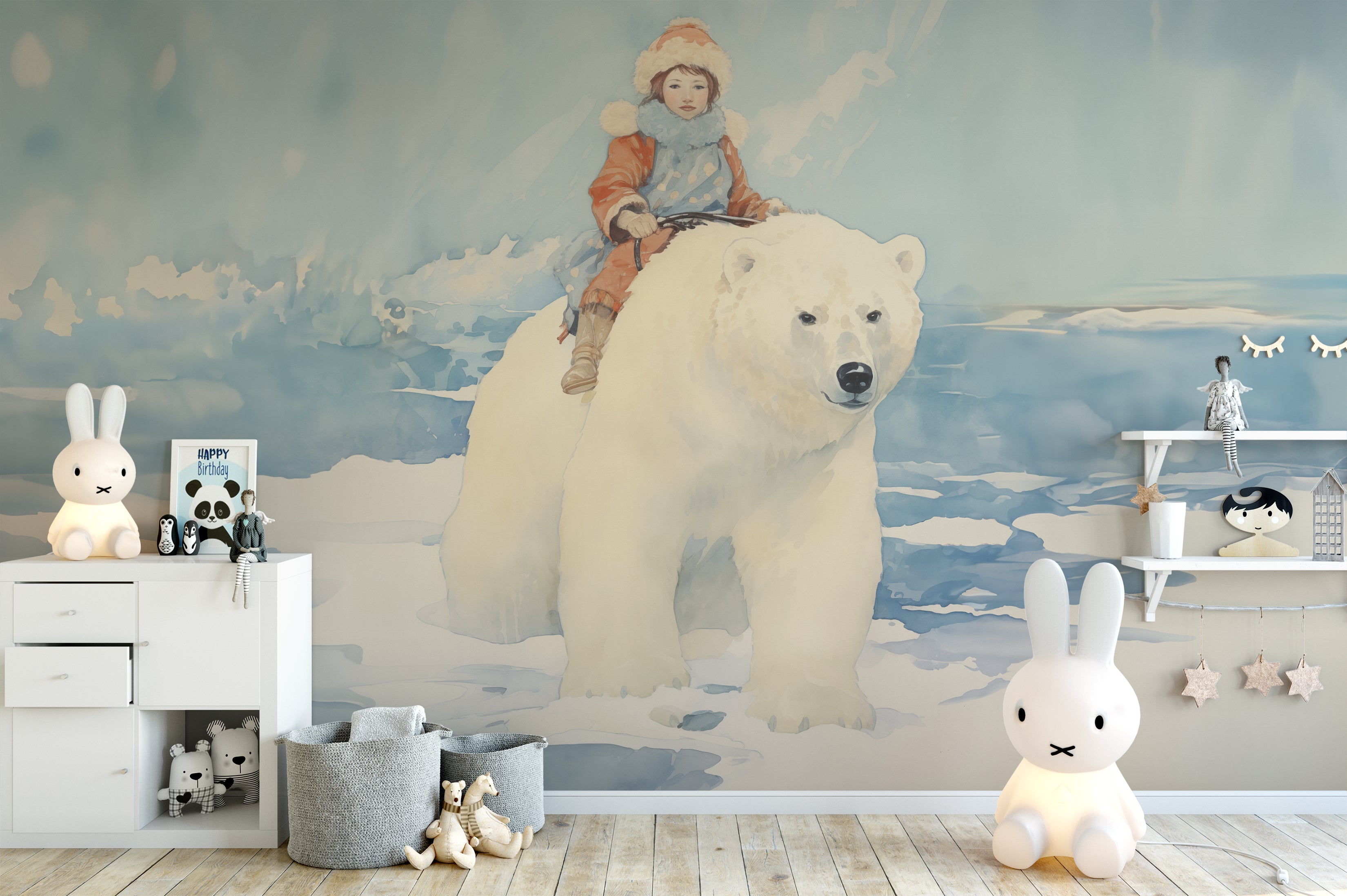 Watercolor style wallpaper featuring a child on a polar bear, enhancing a nursery with 'The Golden Compass Mural.'