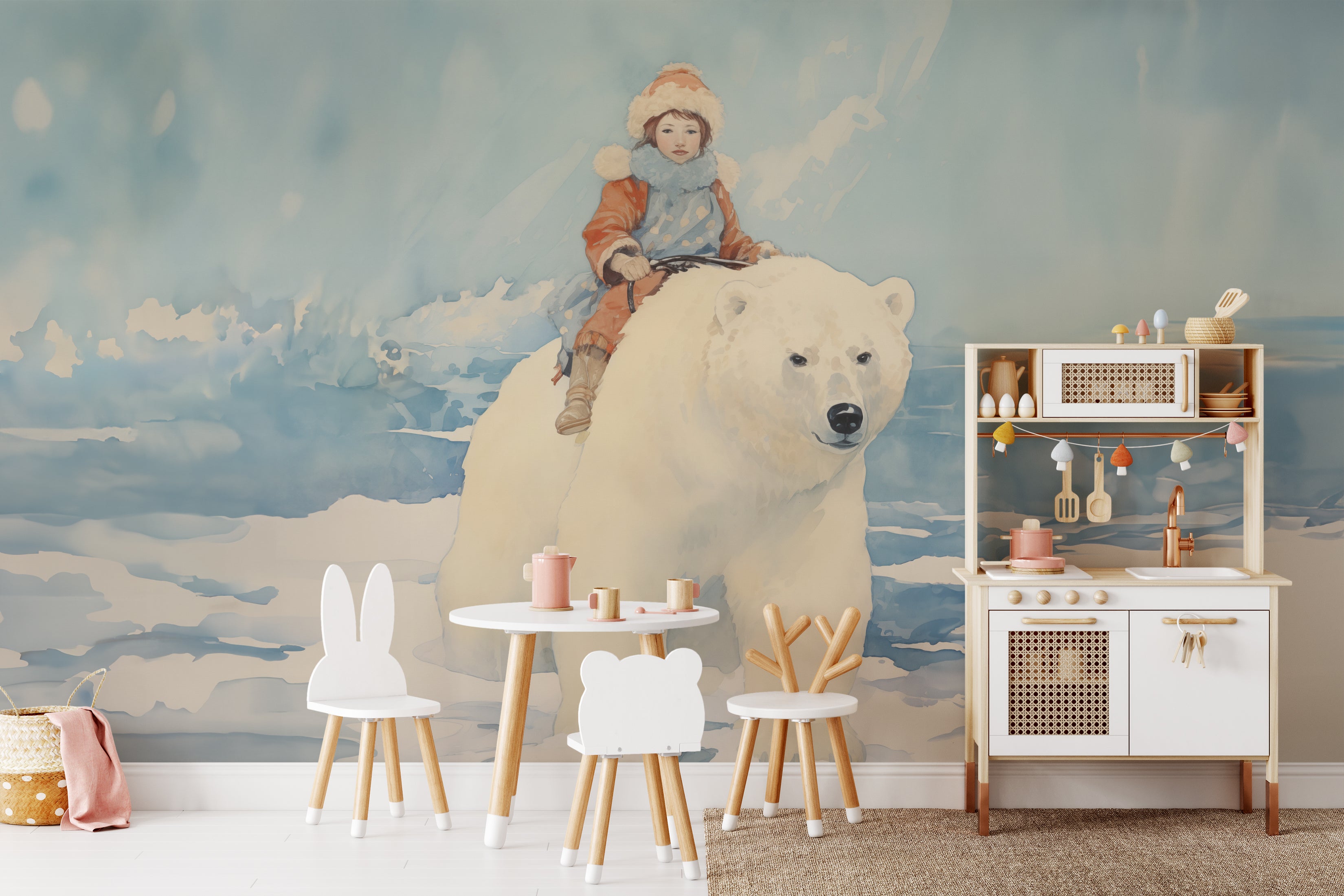 Dreamy child's playroom with wall mural of a young explorer on a polar bear from 'The Golden Compass Mural.