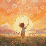 "Children's play area decorated with 'Make a Wish Mural' wallpaper, showcasing a girl making a wish among dandelions."