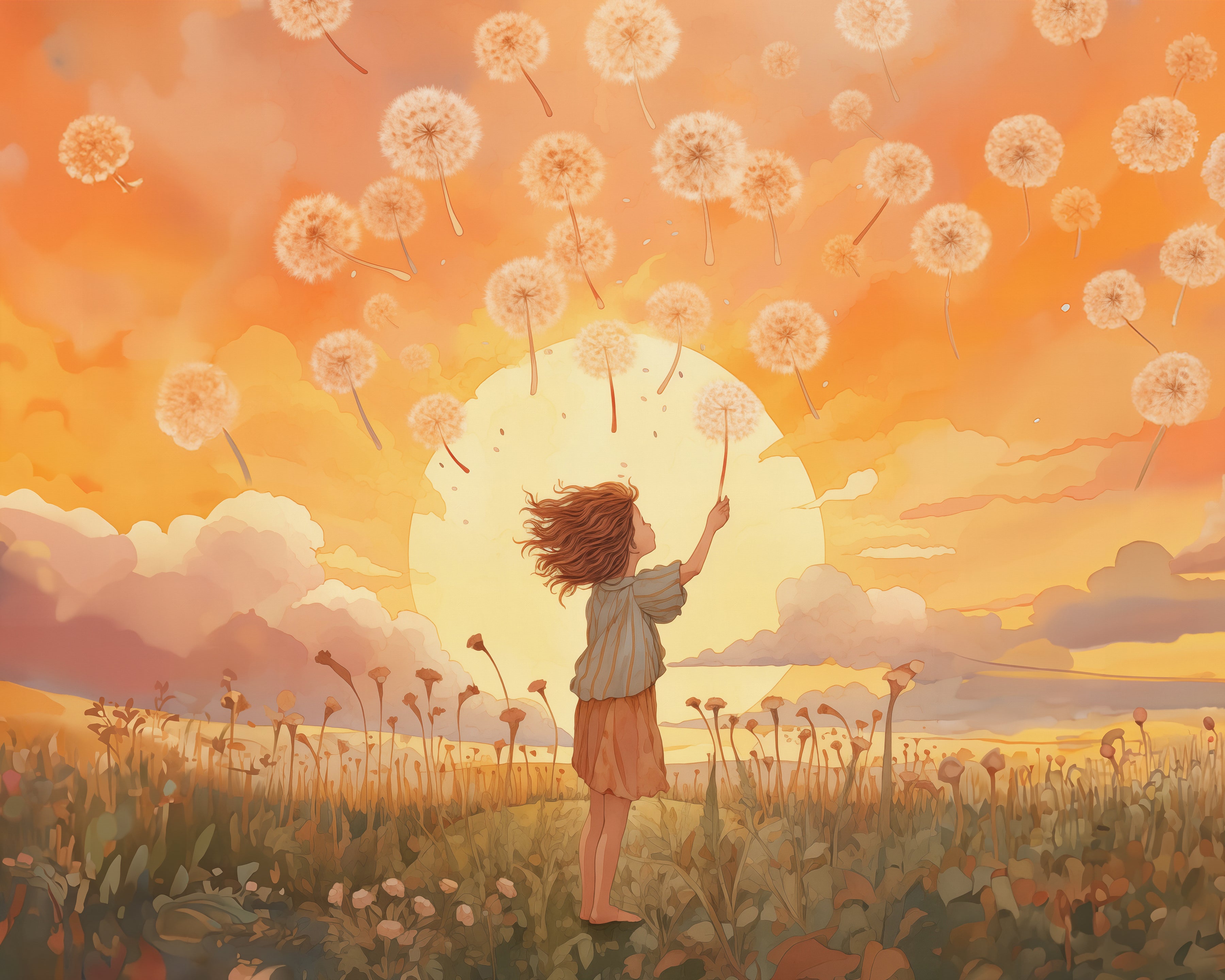 "Children's play area decorated with 'Make a Wish Mural' wallpaper, showcasing a girl making a wish among dandelions."