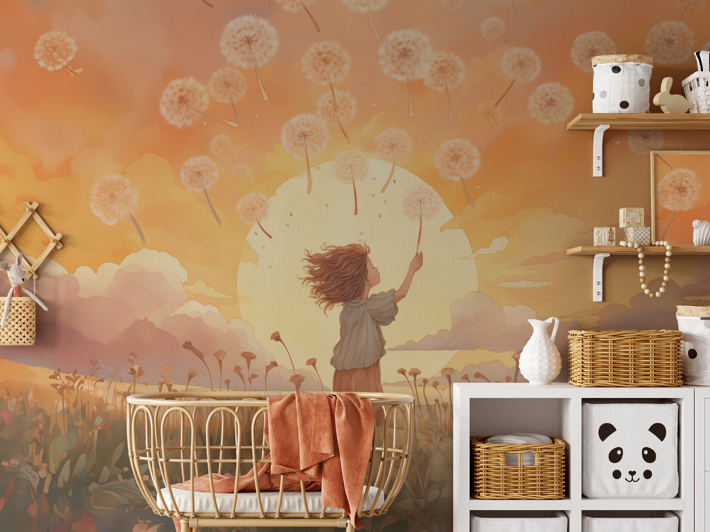"Full view of the 'Make a Wish Mural' featuring a child reaching towards floating dandelion seeds against a vivid sunset."
