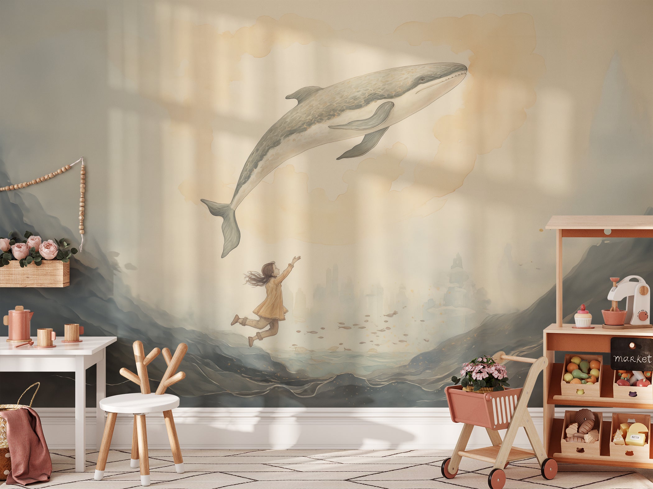"Illustrative wallpaper mural 'Willie the Whale Mural' with a child and whale flying over stormy seas."