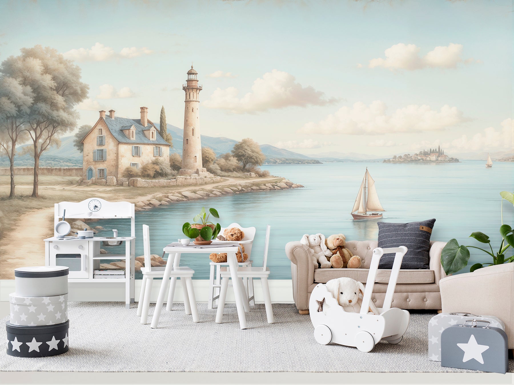 "Children's room decorated with 'A Land Far Away' mural, showcasing a picturesque lighthouse landscape."