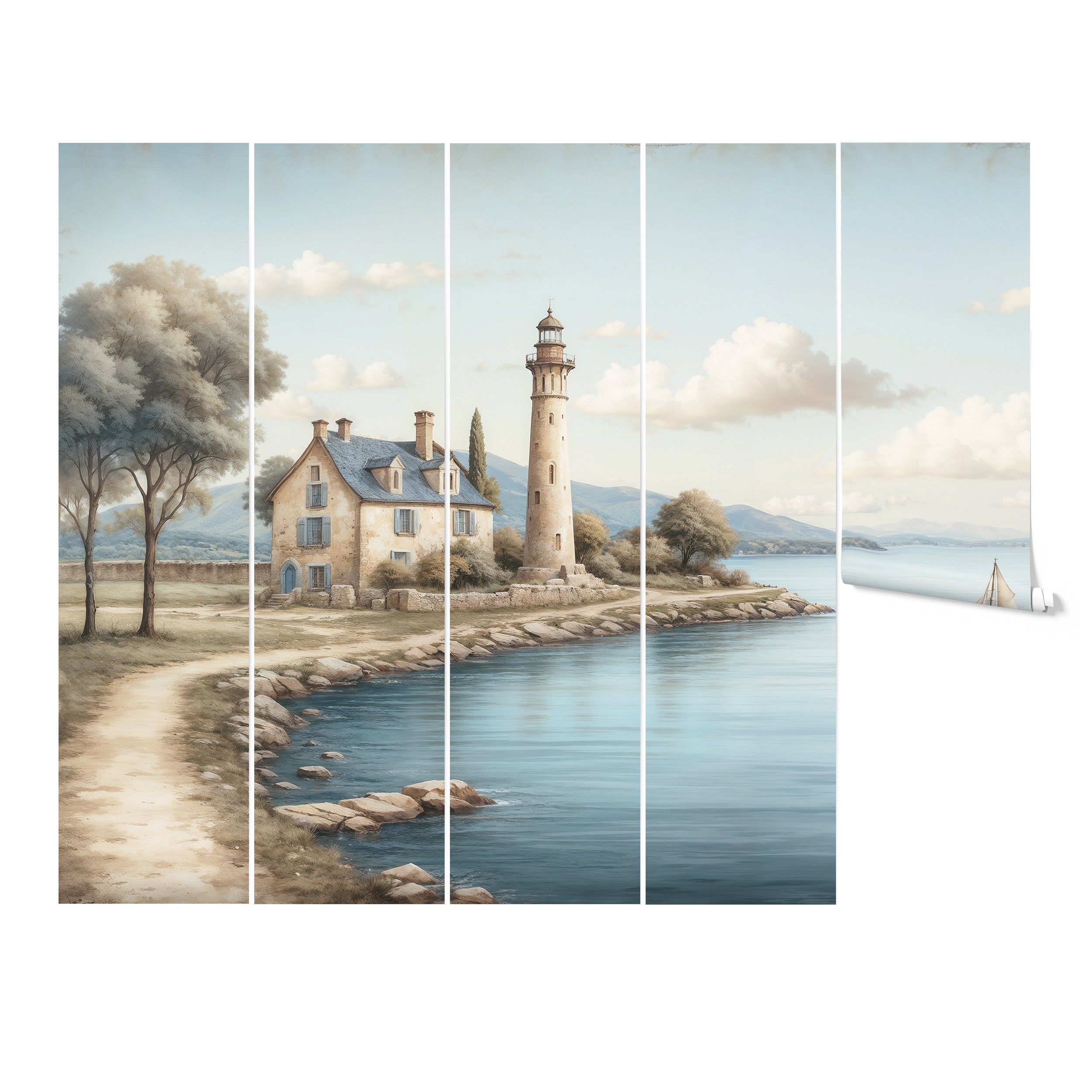 "Storybook-style wallpaper featuring a serene lakeshore scene with a lighthouse and sailing boats."
