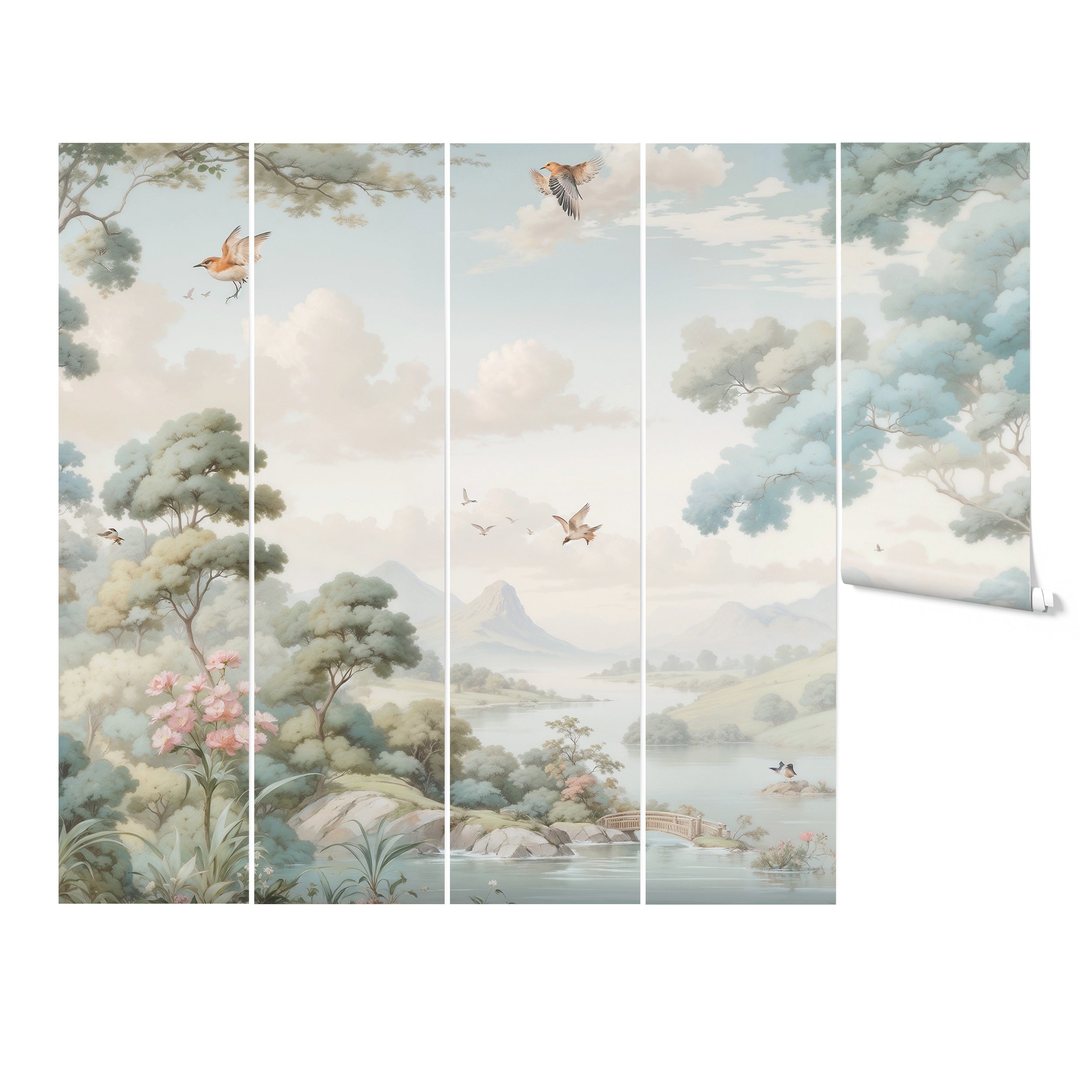 Rolled-up wallpaper showcasing sections of a Loire Valley landscape mural with lush foliage and a calm river scene."