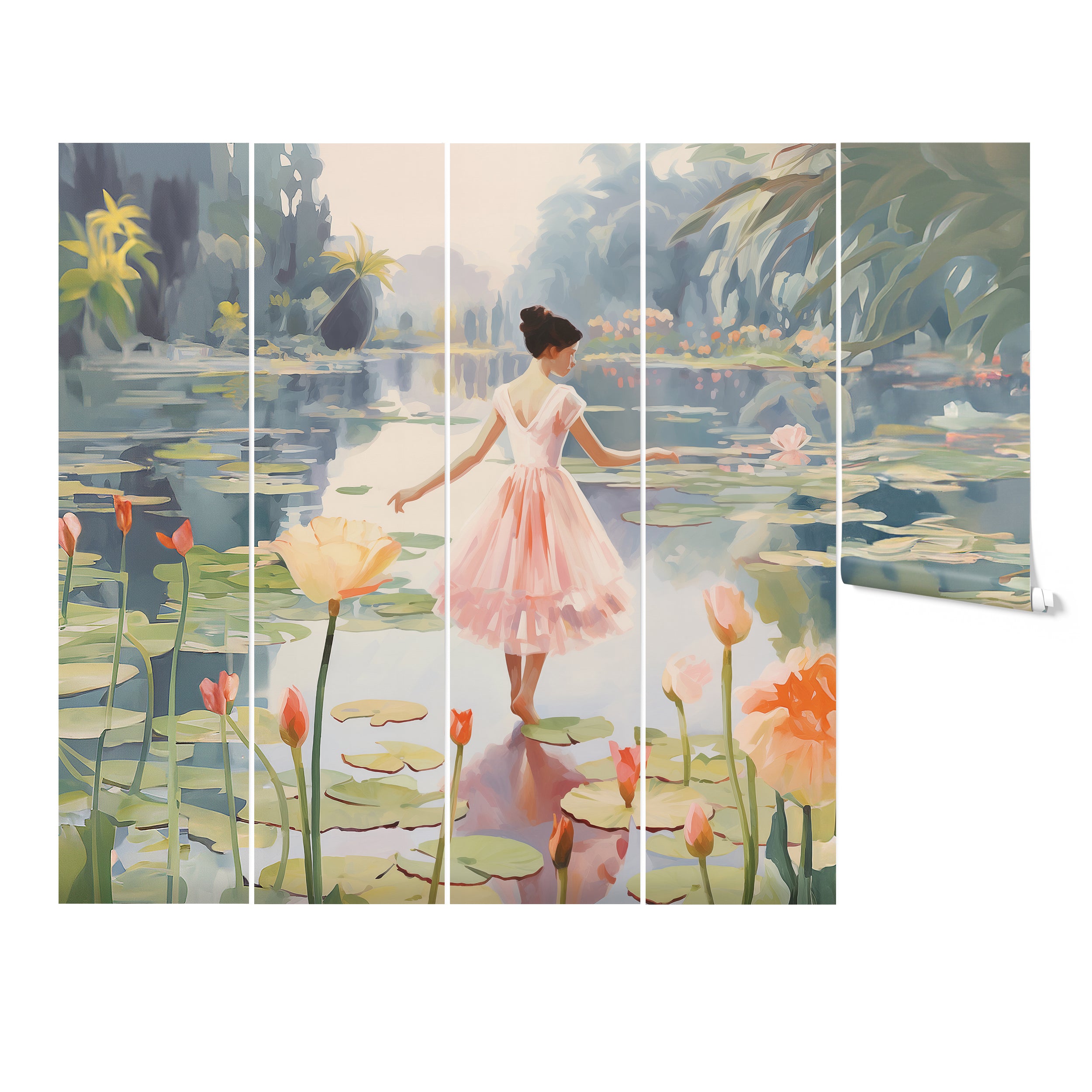 Five-panel wall mural depicting a scene of a young girl amidst a vibrant lily pond, with flowers and foliage in soft pastel colors.