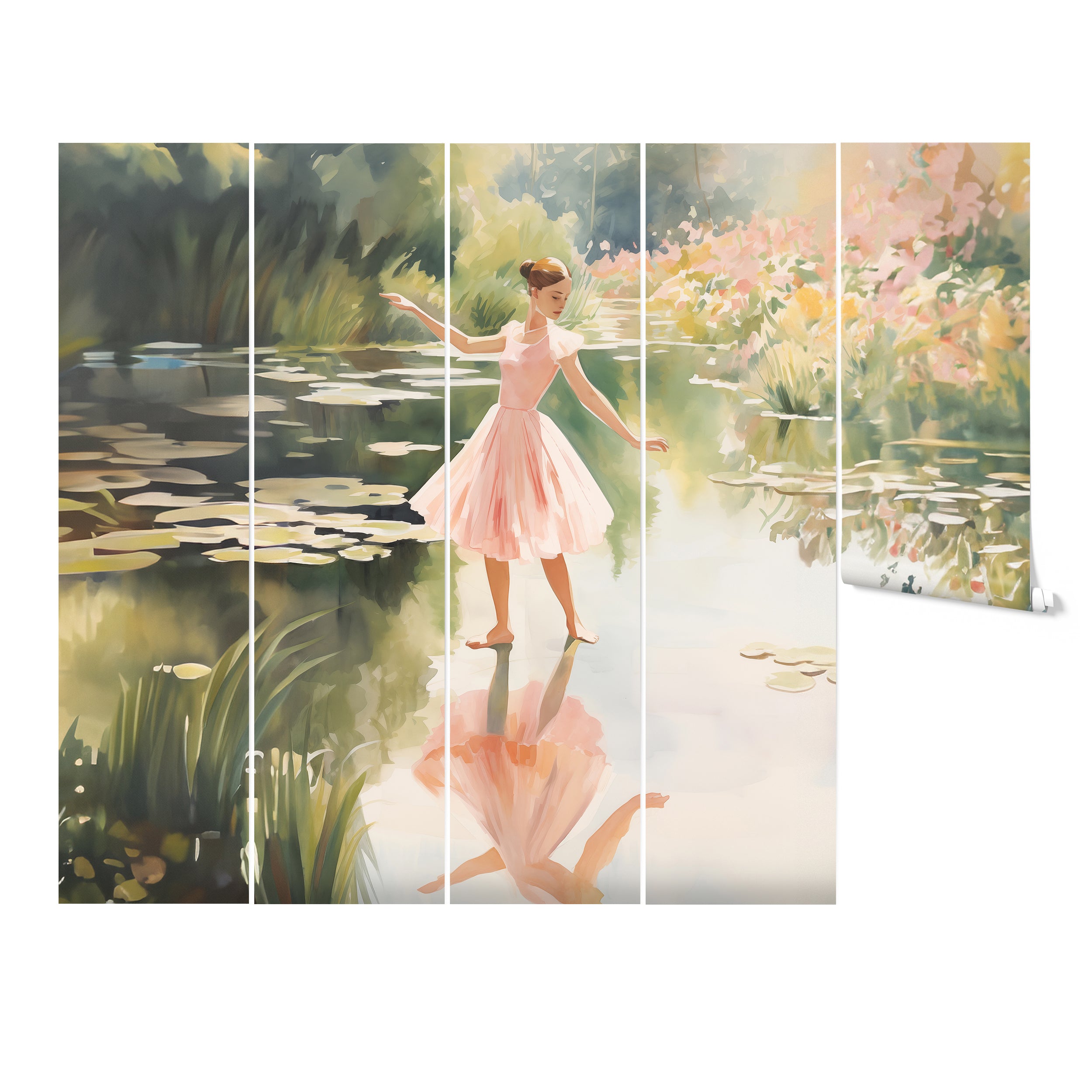 A five-panel mockup of a mural showing a ballerina dancing by a water's edge, reflecting in the water, with a backdrop of flowering shrubs and lily pads
