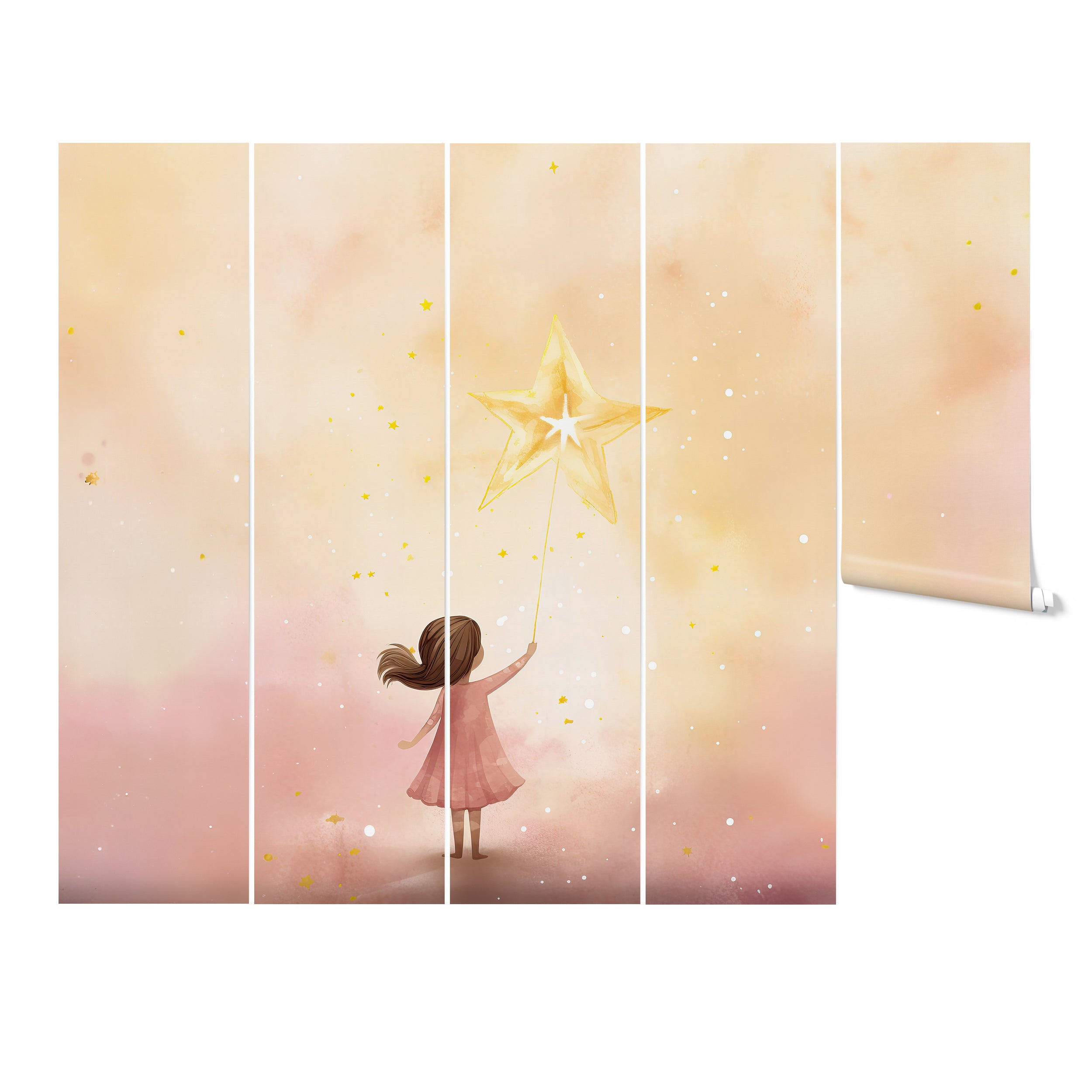 "Five-panel display of 'My Guiding Star Mural' featuring a child under a starry sky in a serene bedroom setting."