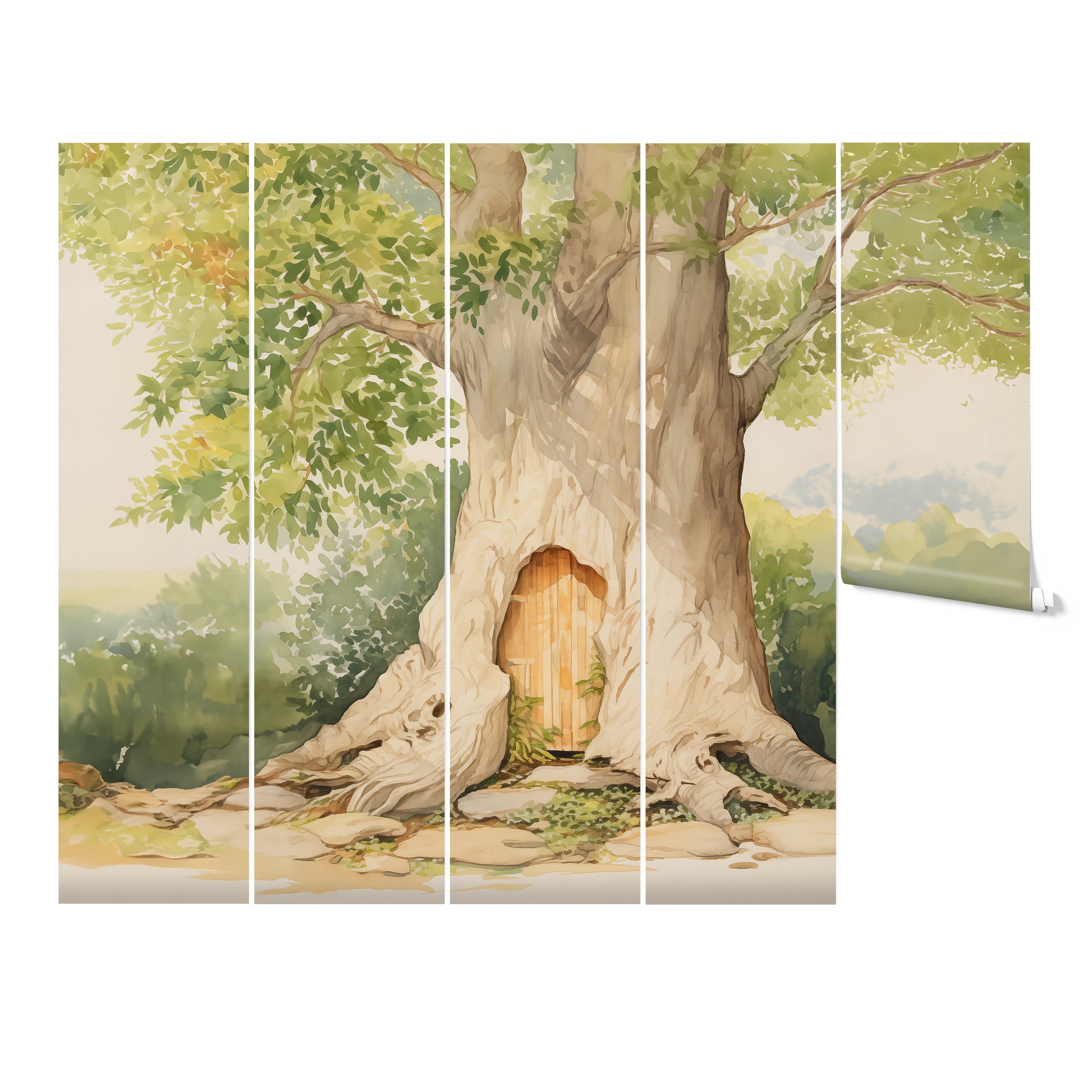 A five-panel display of a large tree mural with a whimsical door at its base, suggesting the house of Winnie the Pooh, surrounded by lush green foliage and a serene backdrop.
