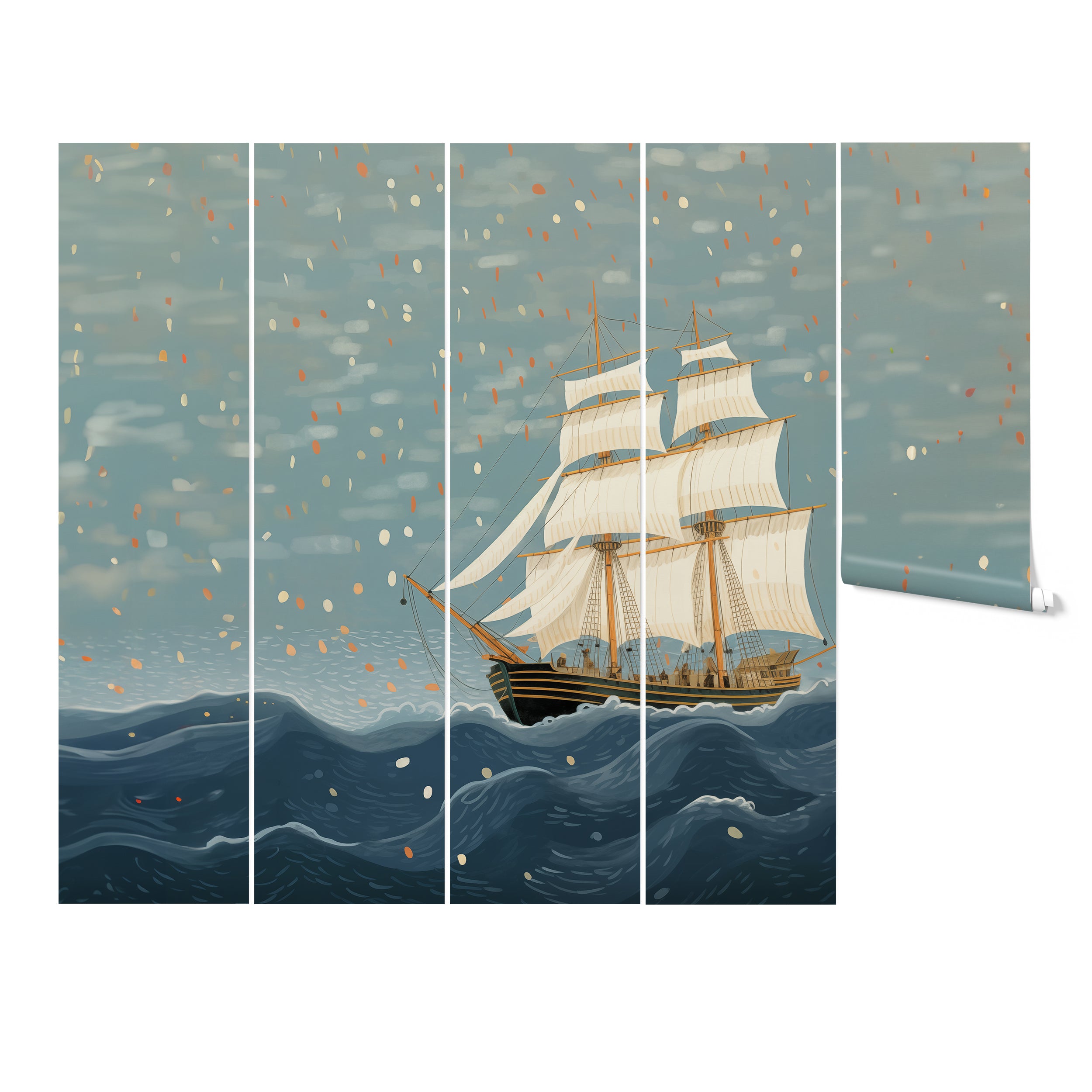 with nautical theme featuring a ship sailing mural on the wall,