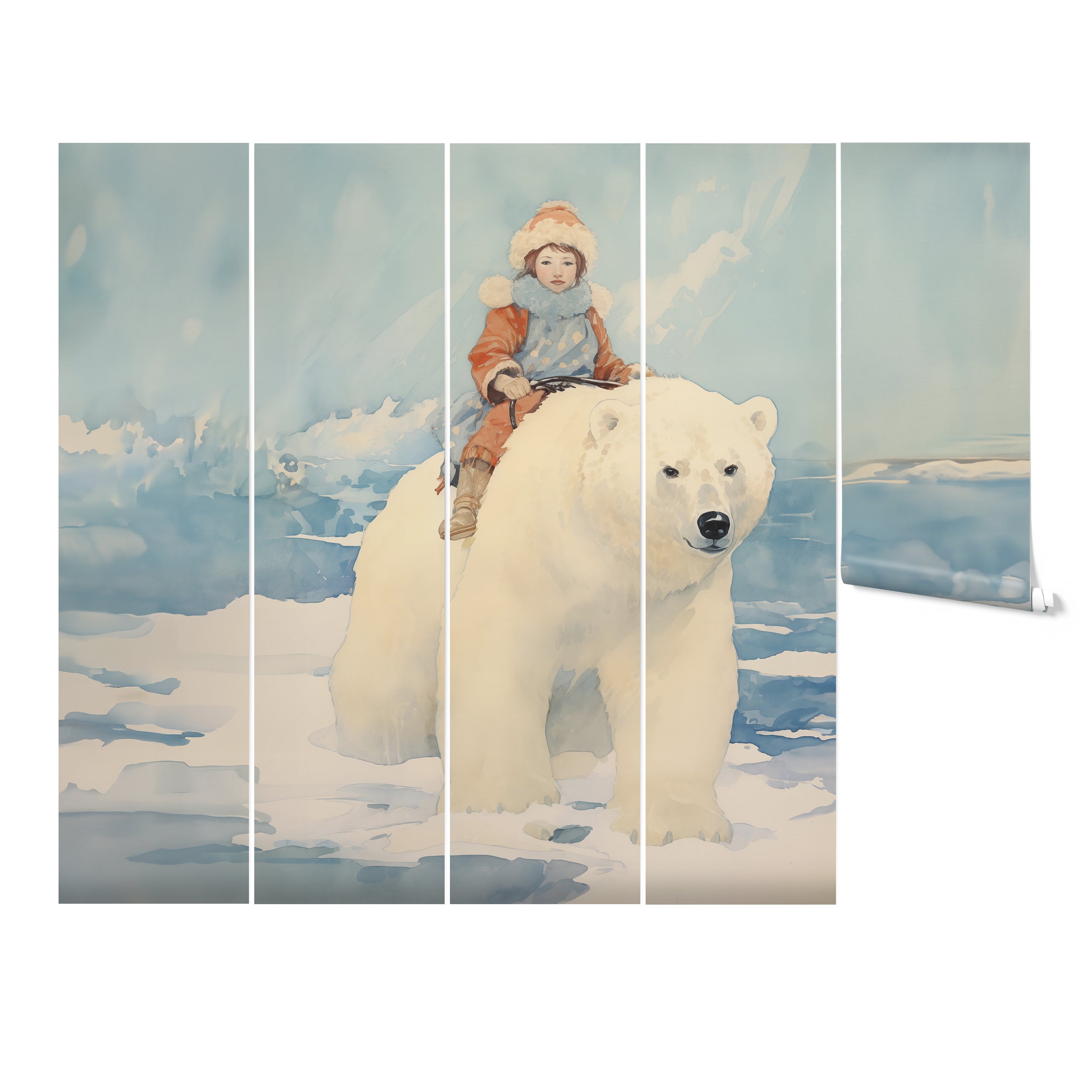 Child riding polar bear in snowy landscape on 'The Golden Compass Mural' wallpaper in a children's room."