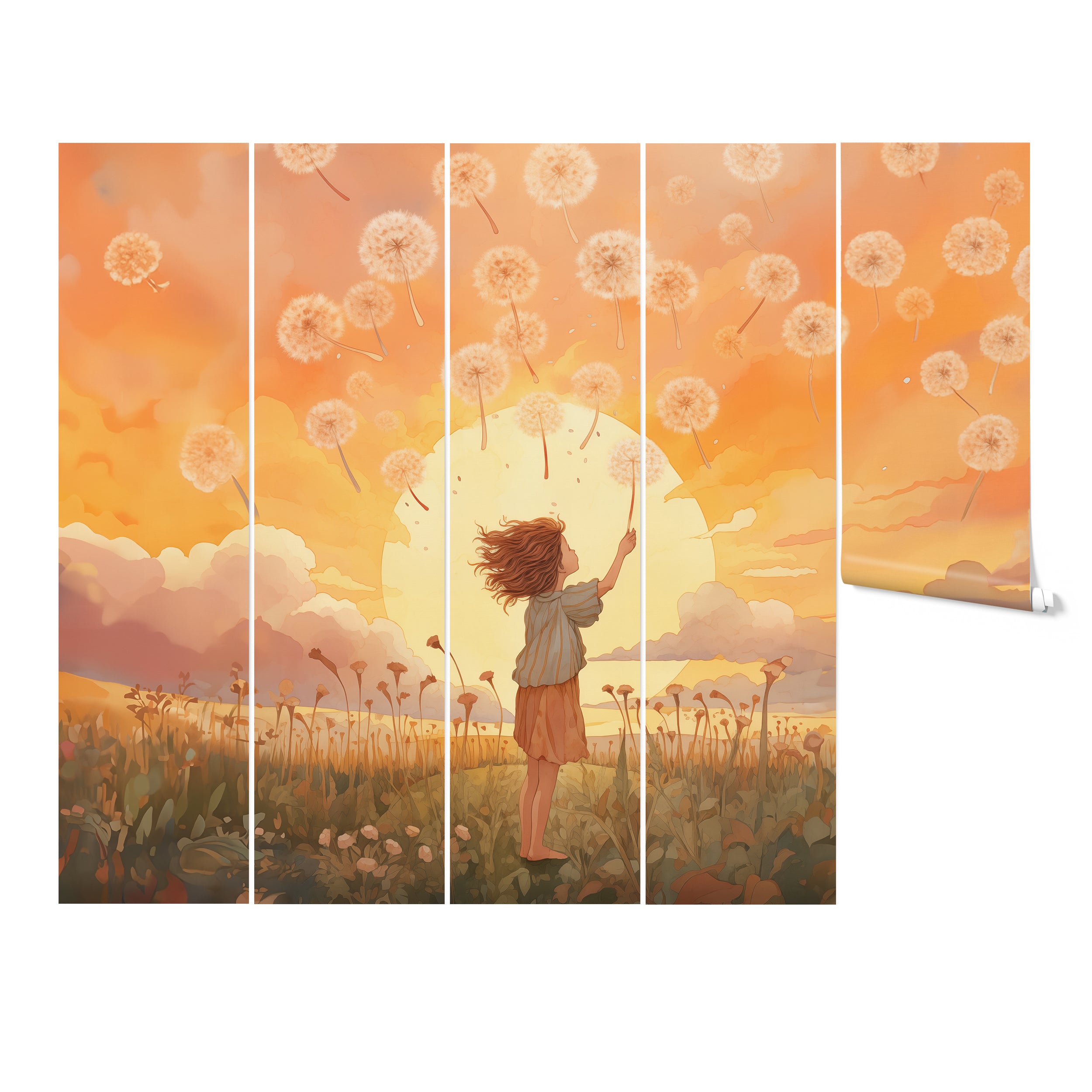 Five-panel display of 'Make a Wish Mural' showing a young girl in a dandelion field with a sunset backdrop."