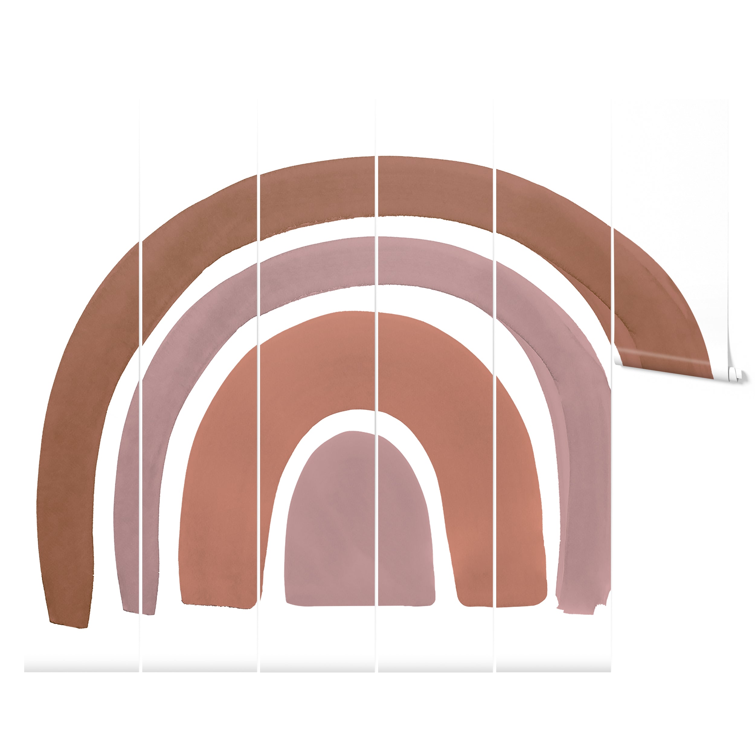 A representation of the Aesthetic Rainbow Wallpaper Mural - Luna spread across six panels. Each panel displays part of the complete design, highlighting the smooth, broad arches in a gradient of brown to pink tones. This image gives a clear view of the mural's scale and color palette, perfect for visualizing the wallpaper in a larger space.