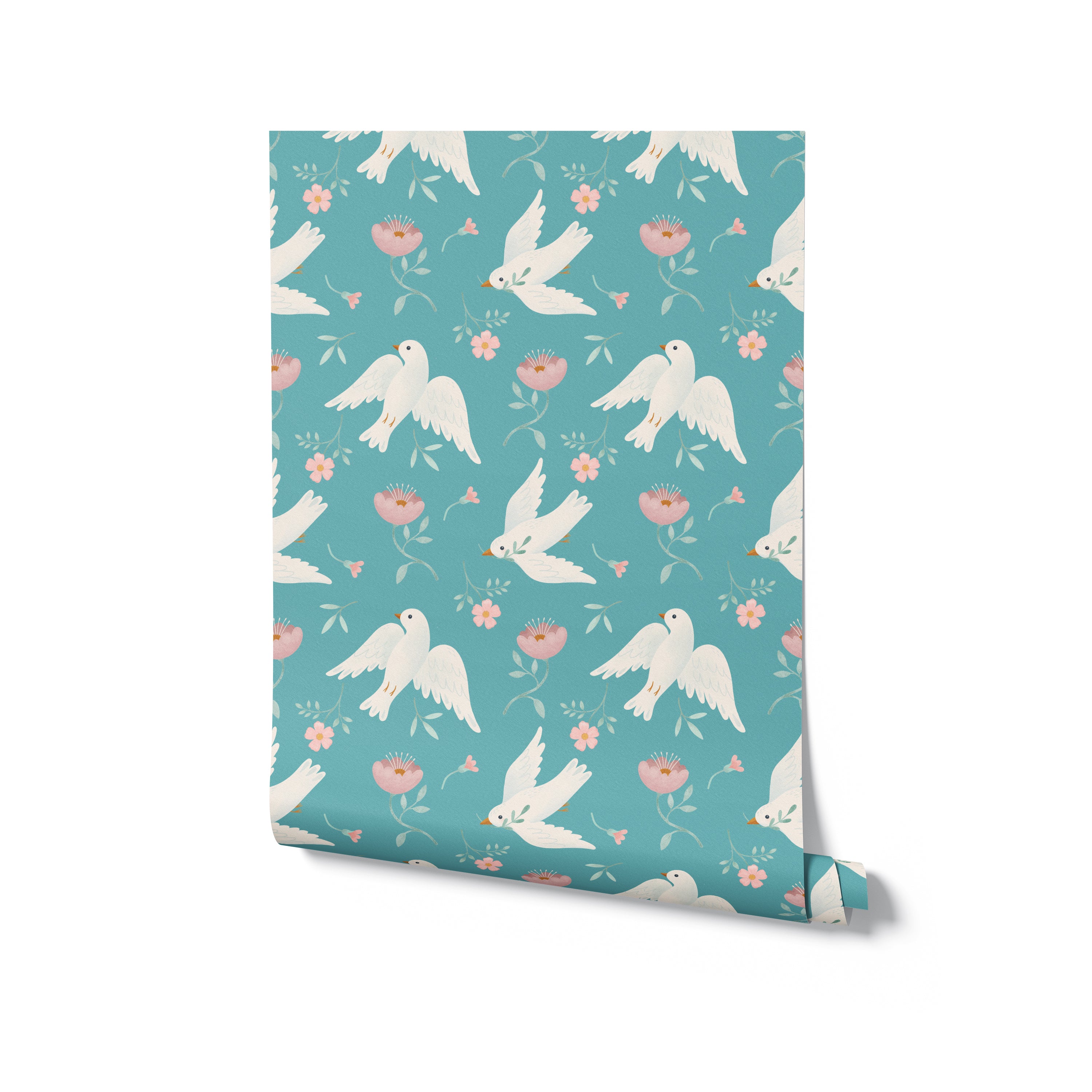 Close-up of Singing Birds Wallpaper roll showing detailed illustrations of white doves surrounded by pink flowers and green leaves on a teal background, ideal for serene home decor
