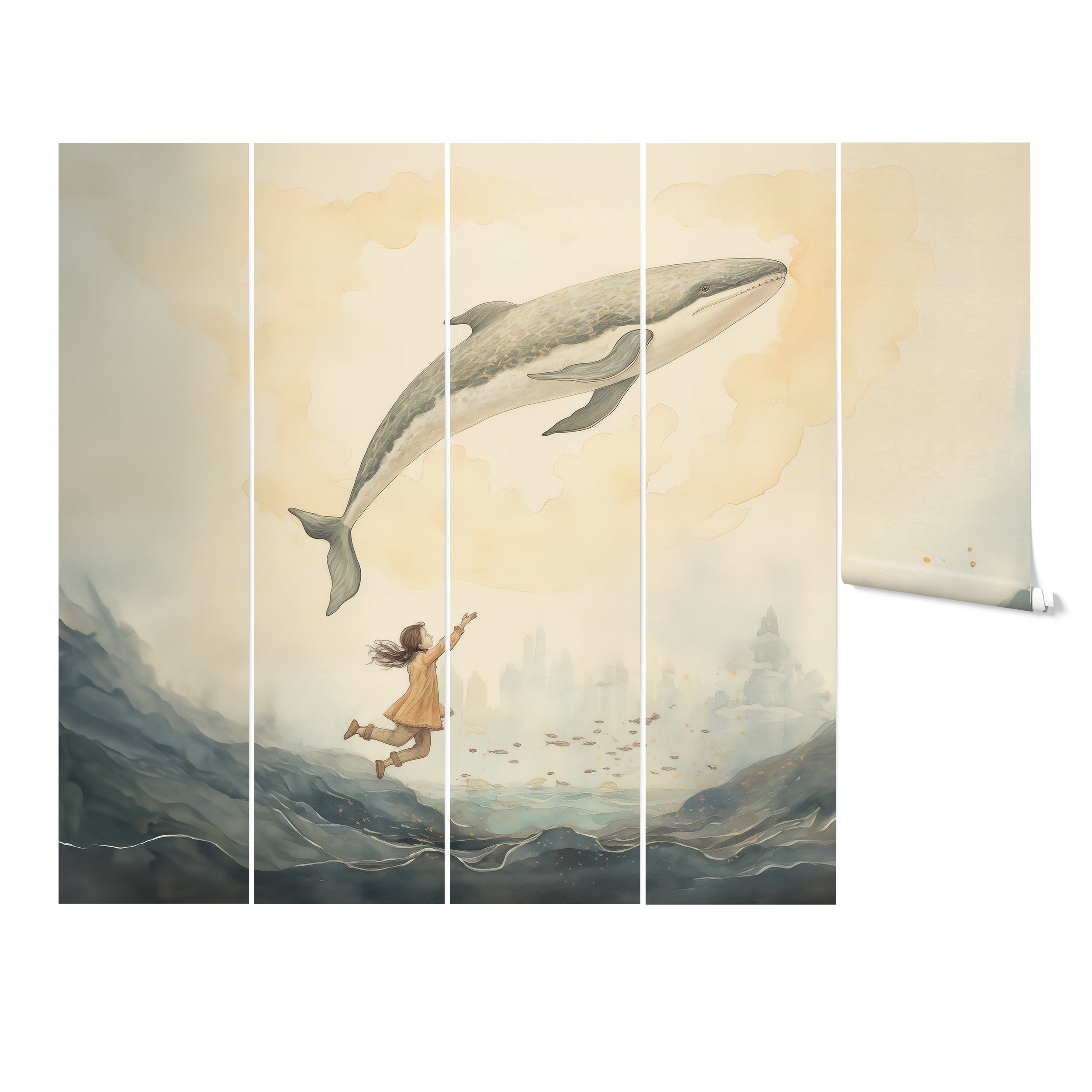 Child reaching out to a flying whale in 'Willie the Whale Mural' depicted on a five-panel children's room wallpaper."