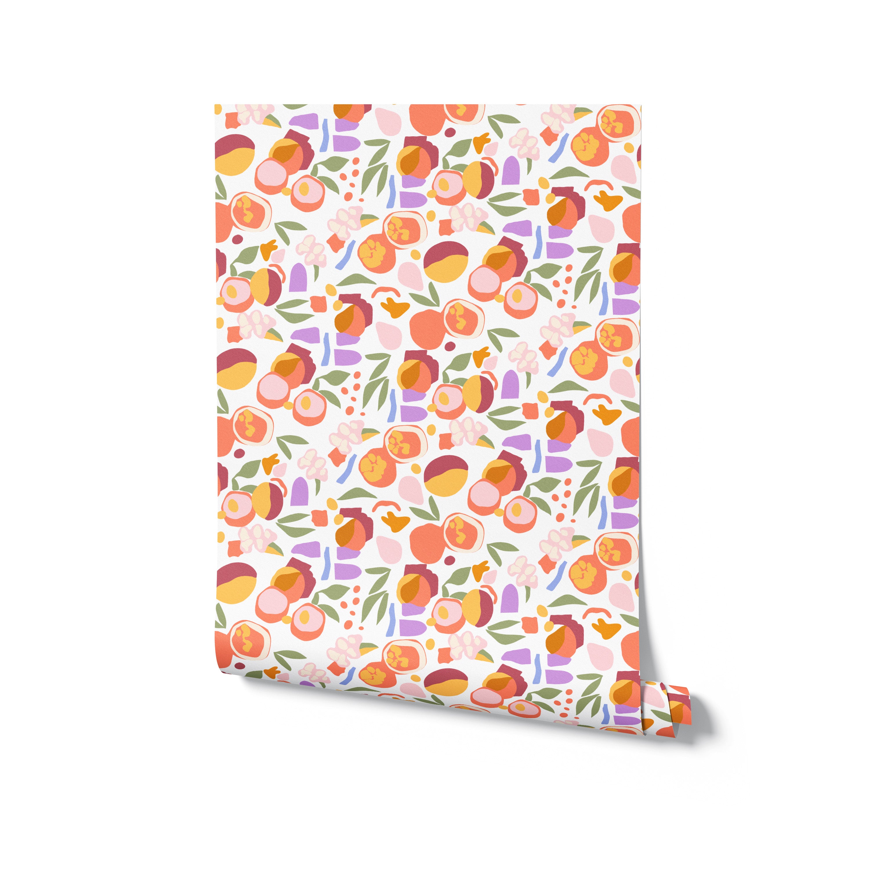 A roll of Funky Fruit Wallpaper unrolled slightly to display the intricate design of assorted fruits and flowers in a lively color palette on a light purple background. This wallpaper offers a fresh and energetic vibe suitable for creative spaces.